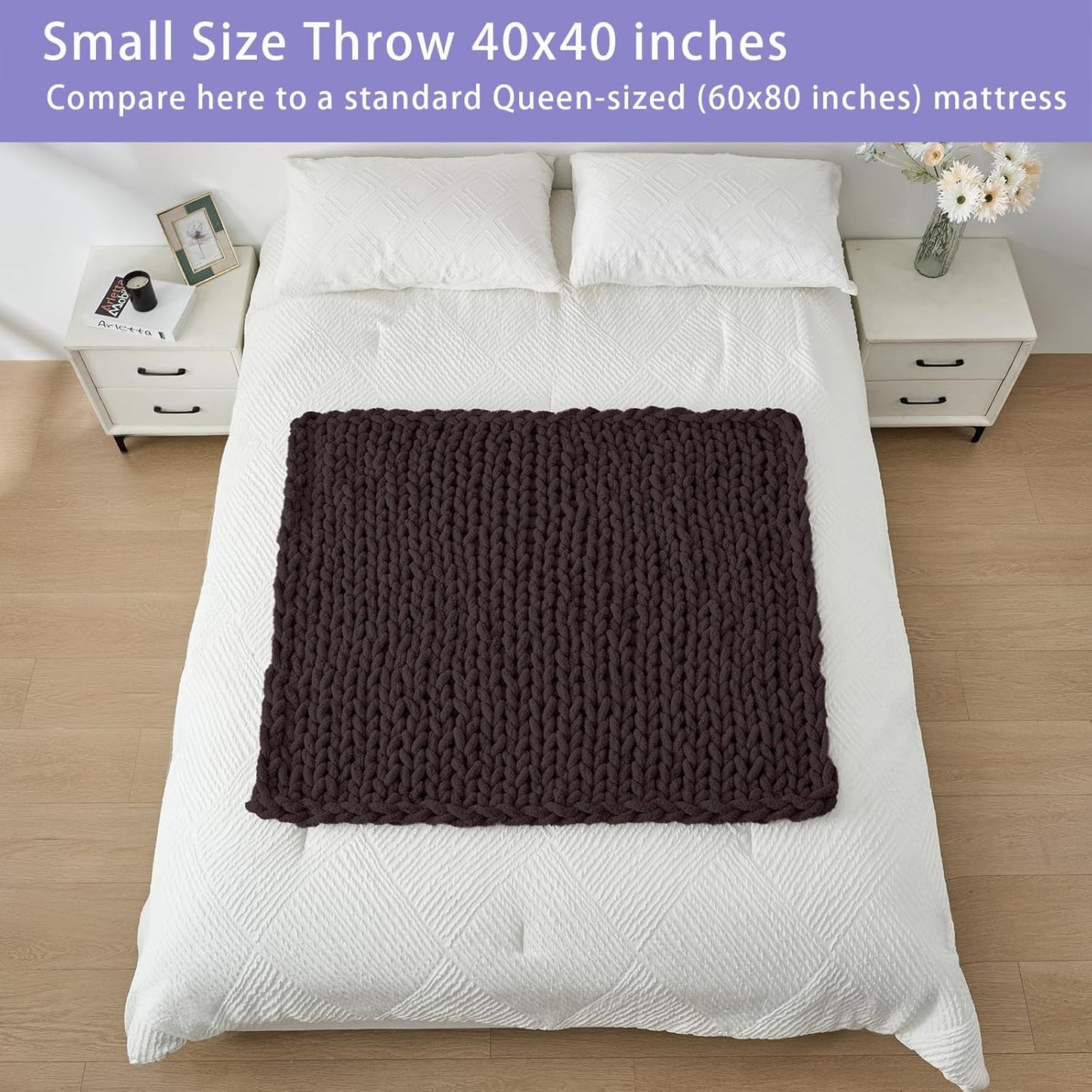 Bigacogo Chunky Knit Throw Blanket for Couch, 40x40 inches, 100% Hand Knitted with Thick Jumbo Chenille Yarn, Cozy Soft Large Rope Knot Cable Crochet Blankets for Sofa Bed Living Room, Chocolate