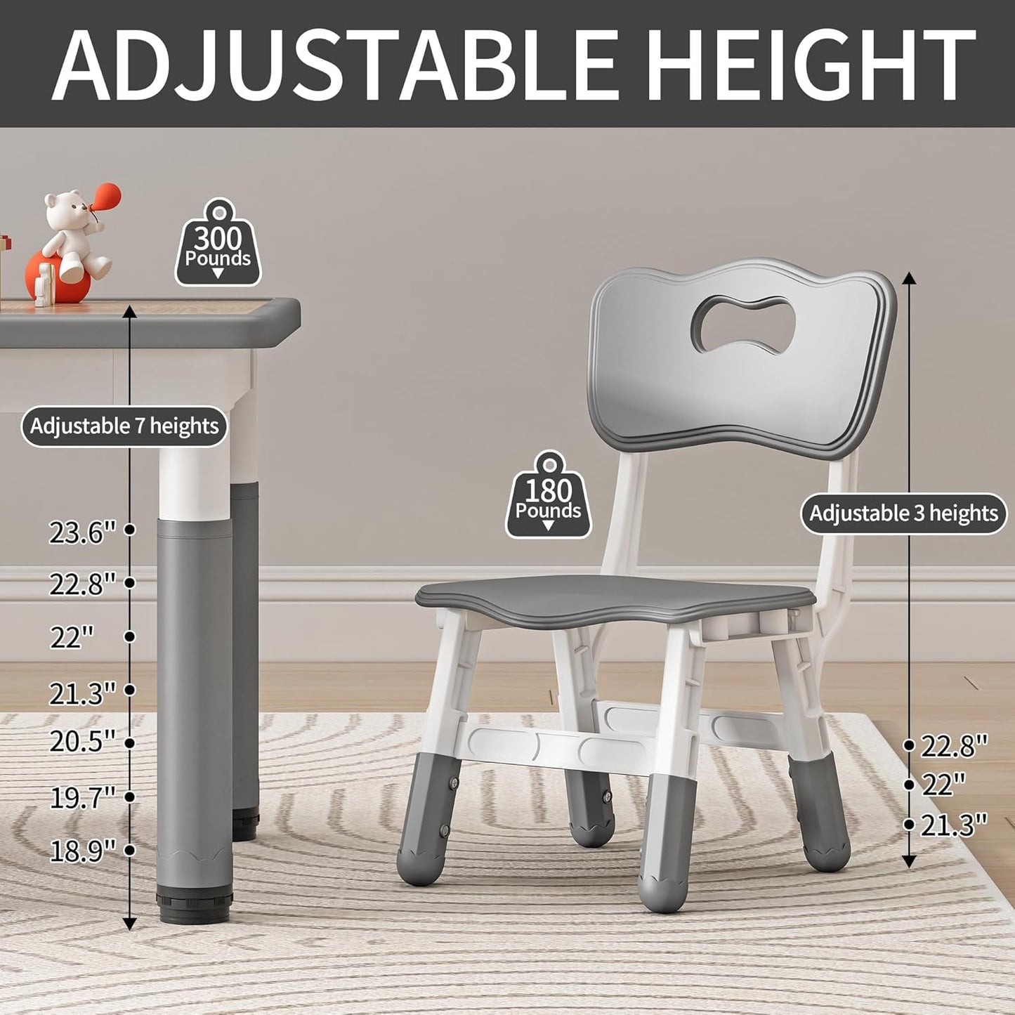 Kids Table and Chairs, Height Adjustable Childrens Table and Chair Set, Kids Tables for Age 2-8, Graffiti Desktop, Table for Kids with 2 Seats, Small Kids Table, Max 300lbs, Grey