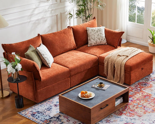 102.6" Modular Sectional Sofa, L Shaped Couch Set for Living Room, 3-Seater Comfy Cloud Couches with Movable Storage Ottoman,DIY Combination - Chenille Terracotta Orange