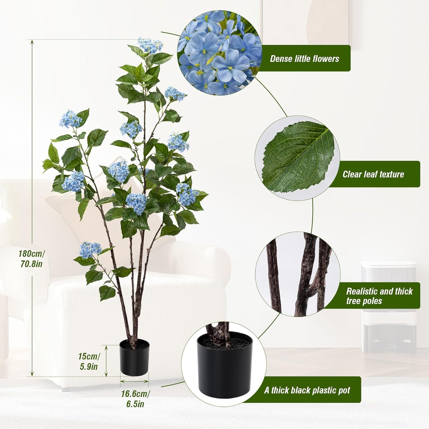 Fake Plants Home Decor Artificial Plants Outdoor Hydrangea Artificial Plants Indoor Fake Tree Living Room Decor Artificial Tree Porch Decor Fiddle Leaf Fig Tree 6Ft (Blue)