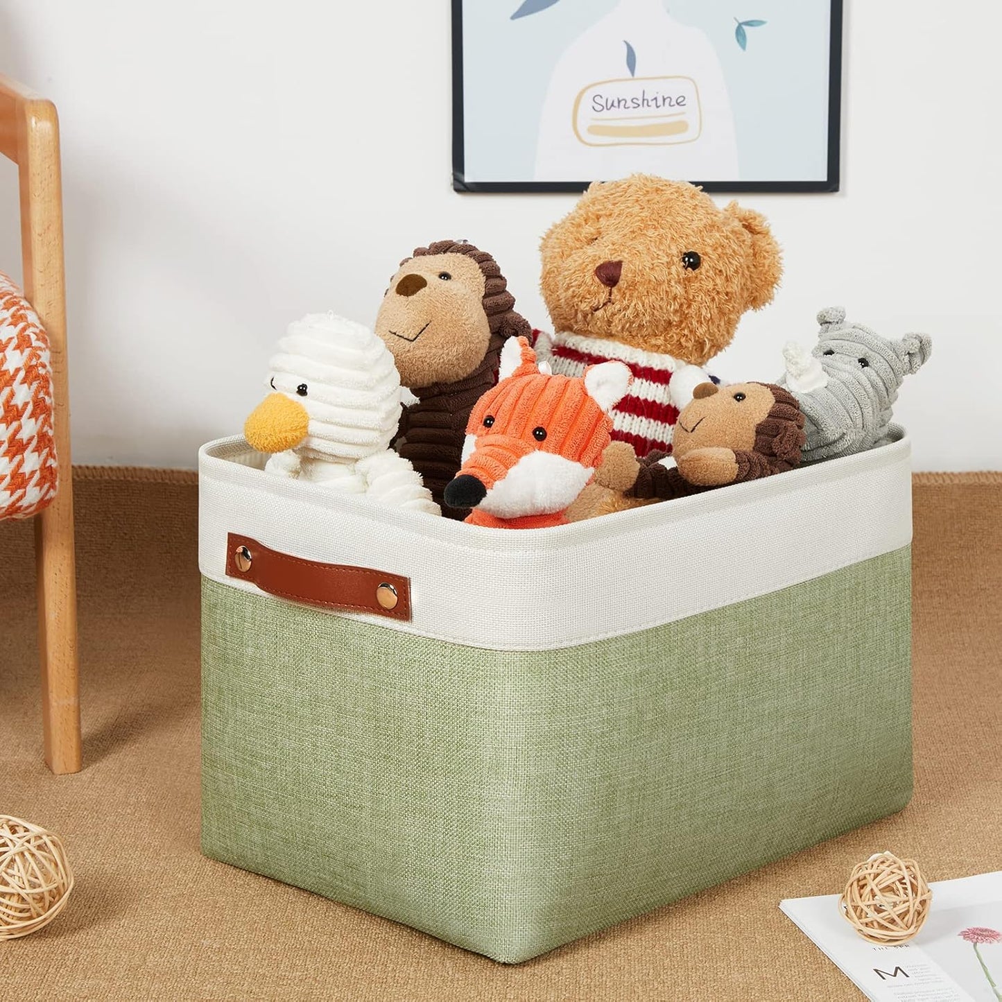 DULLEMELO Fabric Storage Bins for Laundry, Home, Foldable Storage Baskets for Shelves, Toys, Collapsible Storage Bins for Office,Bedroom(3-Pack Medium-15 inch X 11 inch X 9.5 inch , White&Green)