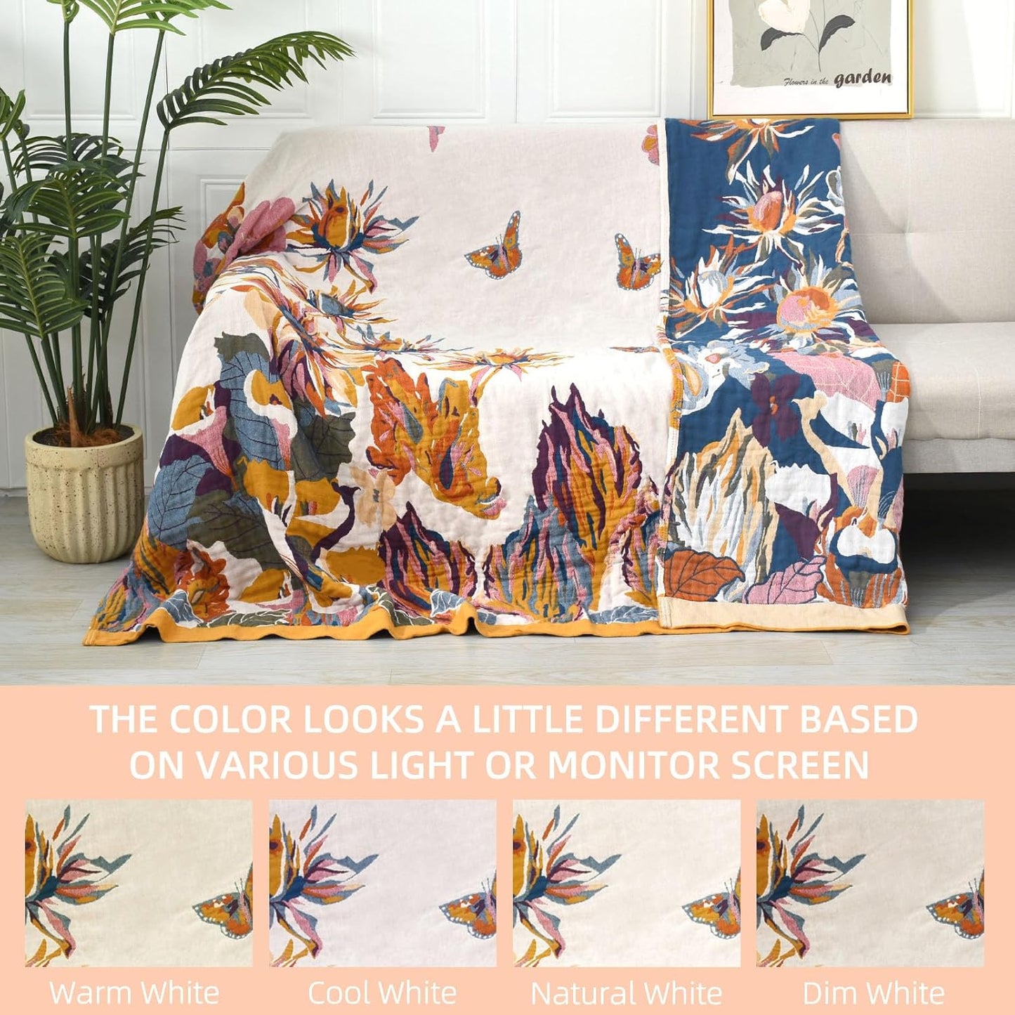 Boho Throw Blanket for Bed - 100% Pure Organic Cotton Ultra Soft Rustic Quilt - Farmhouse Decor Bed Blankets, All Season Rustic Throw for Sofa Couch Chair(91''x 98'', Floral)