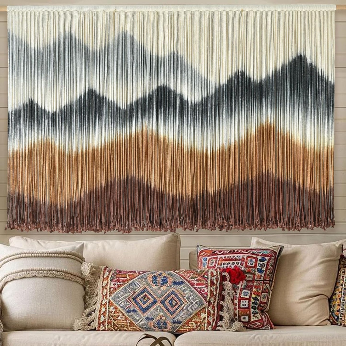 Macrame Wall Hanging Mountain Wall Art Dip-Dyed Macrame Wall Decor Modern Wall Decor Fiber Wall Art Craftsmanship 57" Wx35"L