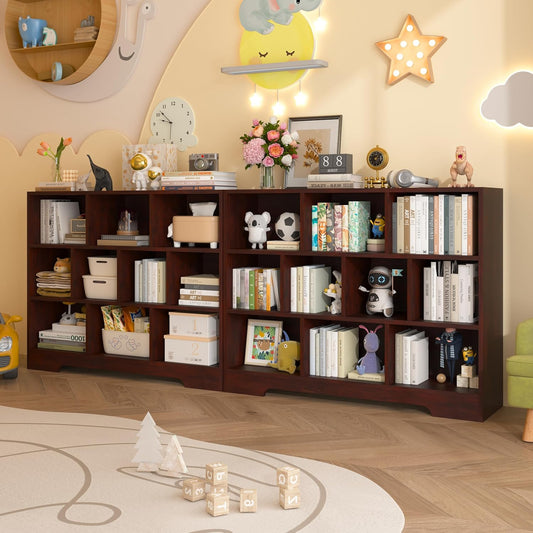 Book Shelf Set of 2, 10 Cubes Storage Organizer, 3-Tier Open Bookshelf Wooden Bookcase, Freestanding Cherry Bookshelf Cube Shelf for Living Room