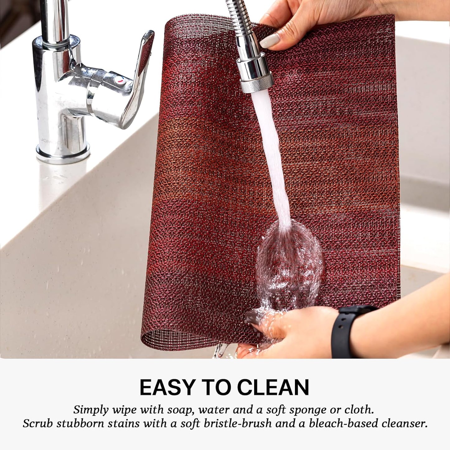 LEXMORE Placemats Set of 6 Vinyl/Plastic Woven Place Mats for Kitchen Table Indoor/Outdoor Washable Placemat Wipeable Dining Table Mats(Pomegranate Parade)