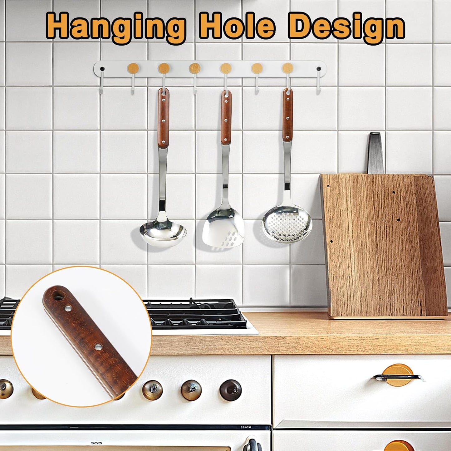 FJNATINH Stainless Steel Wok Spatula,Ladle,Skimmer Ladle Tool Set,Mirror Polished Cooking Utensils with Wooden Handle,Easy to Clean Wok Accessories,Sliver 3 PCS