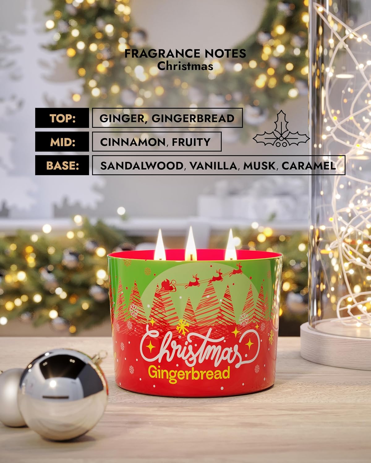96NORTH Luxury Christmas Candle Gingerbread Scented | Large 3-Wick Jar Candle | Up to 40 Hours Burning Time | 100% Natural Soy Wax | Ideal Christmas Candles Gift