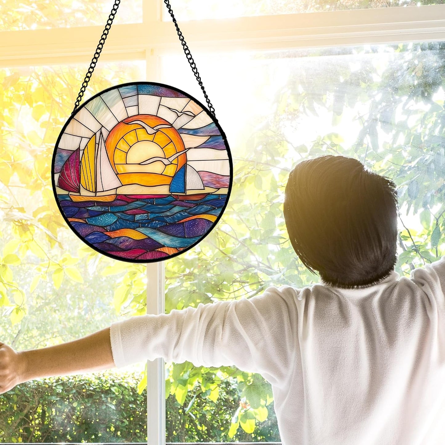 Stained Glass Window Hanging, Sailboat and Waves Suncatcher Diamond Glass Panel Hangings Sun Catchers Decor for Birthday for Women, Men, Wife, Aunt, and Mom 6.3 in