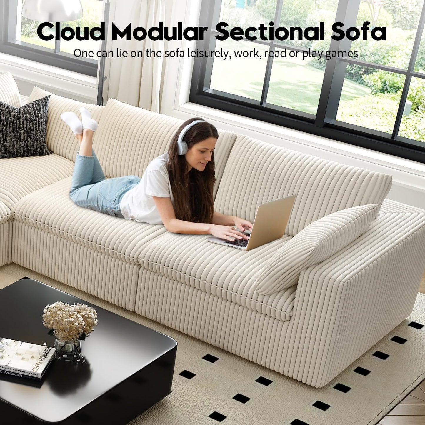 118" Cloud Couch Modular Sectional Sofa for Living Room,Modern Sofa with Deep Seat，L-Shape Boneless Couch with Ottoman,Comfy Upholstered Corduroy Couches for Apartment, Studio, Office,Bedroom，White
