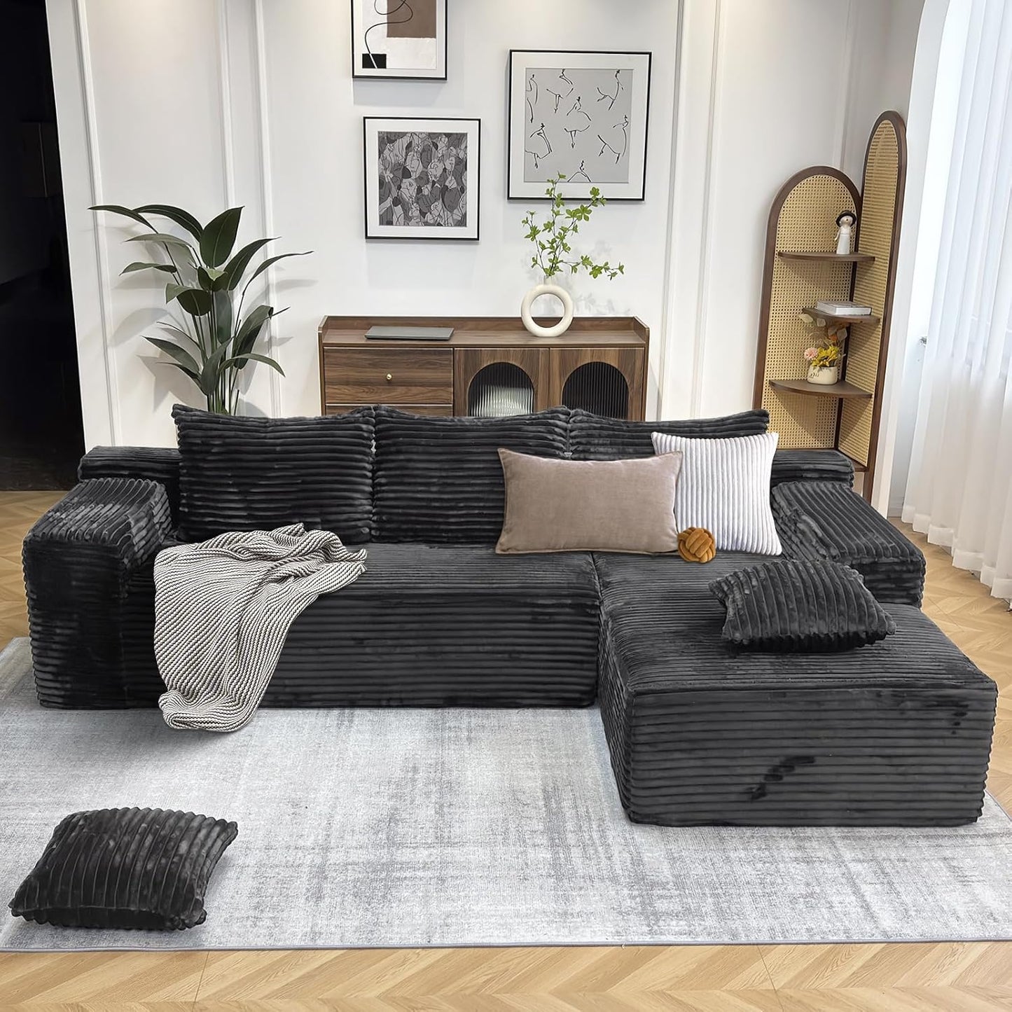 104" Modern Modular L-Shape Sofa Couch with Chaise Grey Faux Rabbit Fur Cloud Sectional Couch with Deep Seat Modular Sectional Sofa No Assembly Required Upholstered Couches for Living Room Bedroom