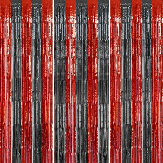 3 Pack Foil Fringe Backdrop - Red&Black Shiny Tinsel Curtains for Party Decoration/Photo Booth Props - 3.3x8.2 FT Metallic Foil Backdrop for Birthday, Wedding, Graduation, Christmas.
