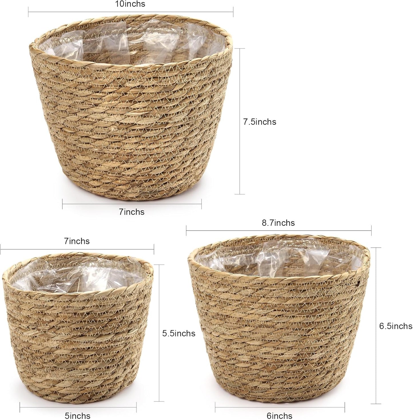 Athaliah Plant Basket, 3 PCS Plant Baskets Indoor with Plastic Liner, Water Hyacinth Woven Planters Flower Basket, Planter Basket for Rustic Boho Home Farmhouse Floor Potted Pots Decor