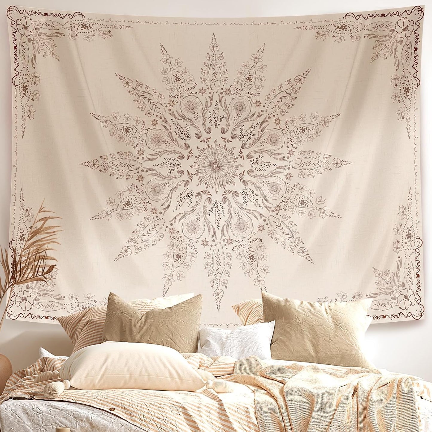 Damanse Floral Tapestry Wall Hanging Cute,Boho Wall Tapestry for Bedroom Aesthetic,Mandala Living Room Decor for Teen Girls (Flaxen, 59.80" x 78.70")