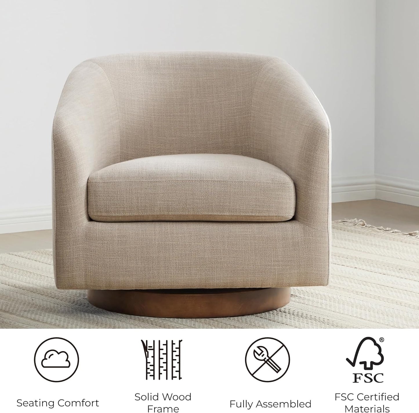 CHITA Swivel Accent Chair, FSC Certified Upholstered Fabric Barrel Chair for Living Room, Fully Assembled, Flax Beige