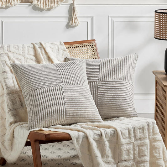 Fancy Homi 2 Packs Neutral Grey Euro Decorative Throw Pillow Covers 28x28 Inch for Couch Bed Sofa, Rustic Farmhouse Boho Home Decor, Soft Corss Corduroy Patchwork Textured Square Cushion Case 71x71 cm