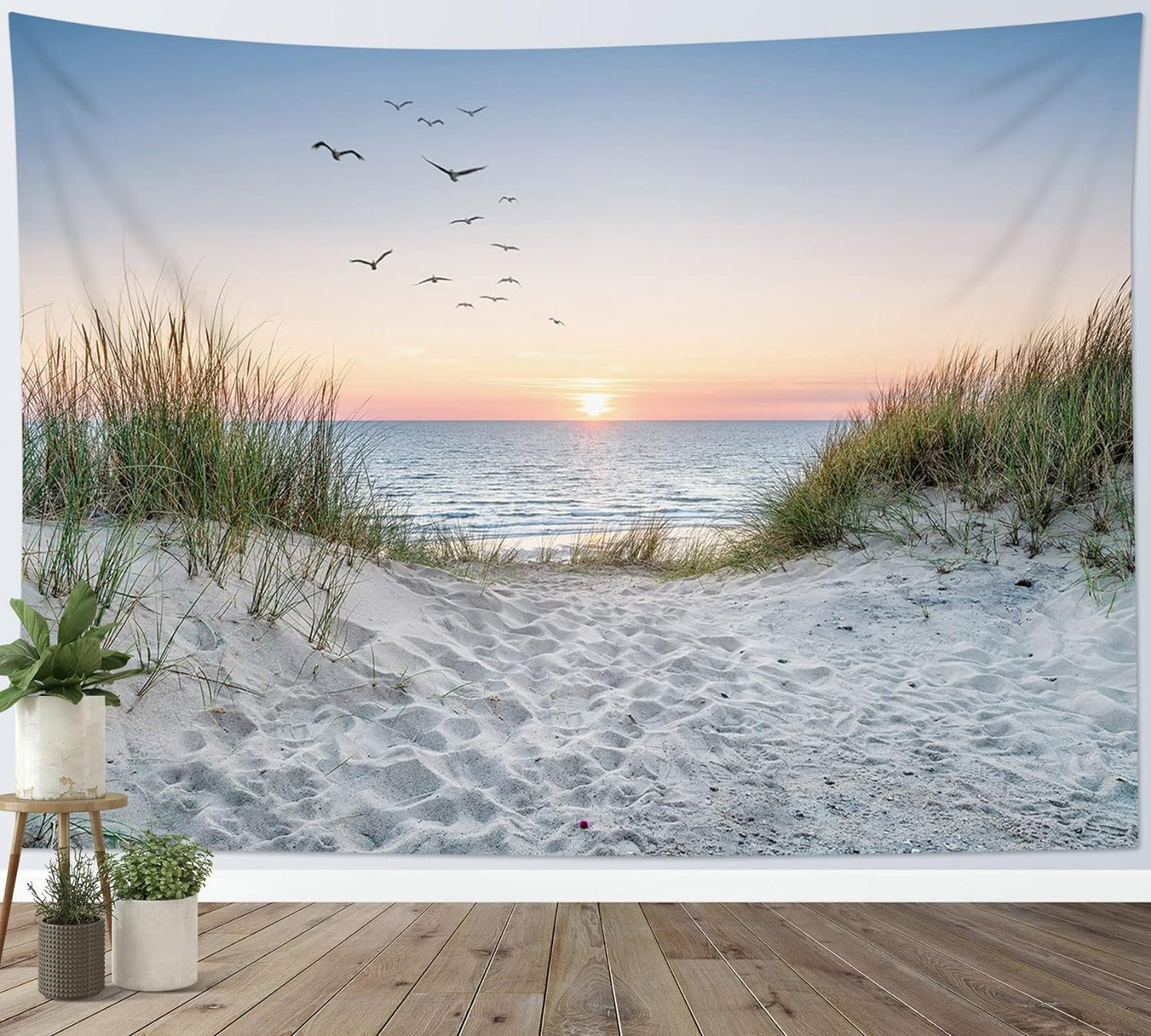 HVEST Ocean Beach Tapestry Wall Hanging, Sunset Seabird and Beach with Grass Wall Tapestry Natural Landscape Tapestries for Bedroom Living Room Dorm Decoration, 60x40 Inches