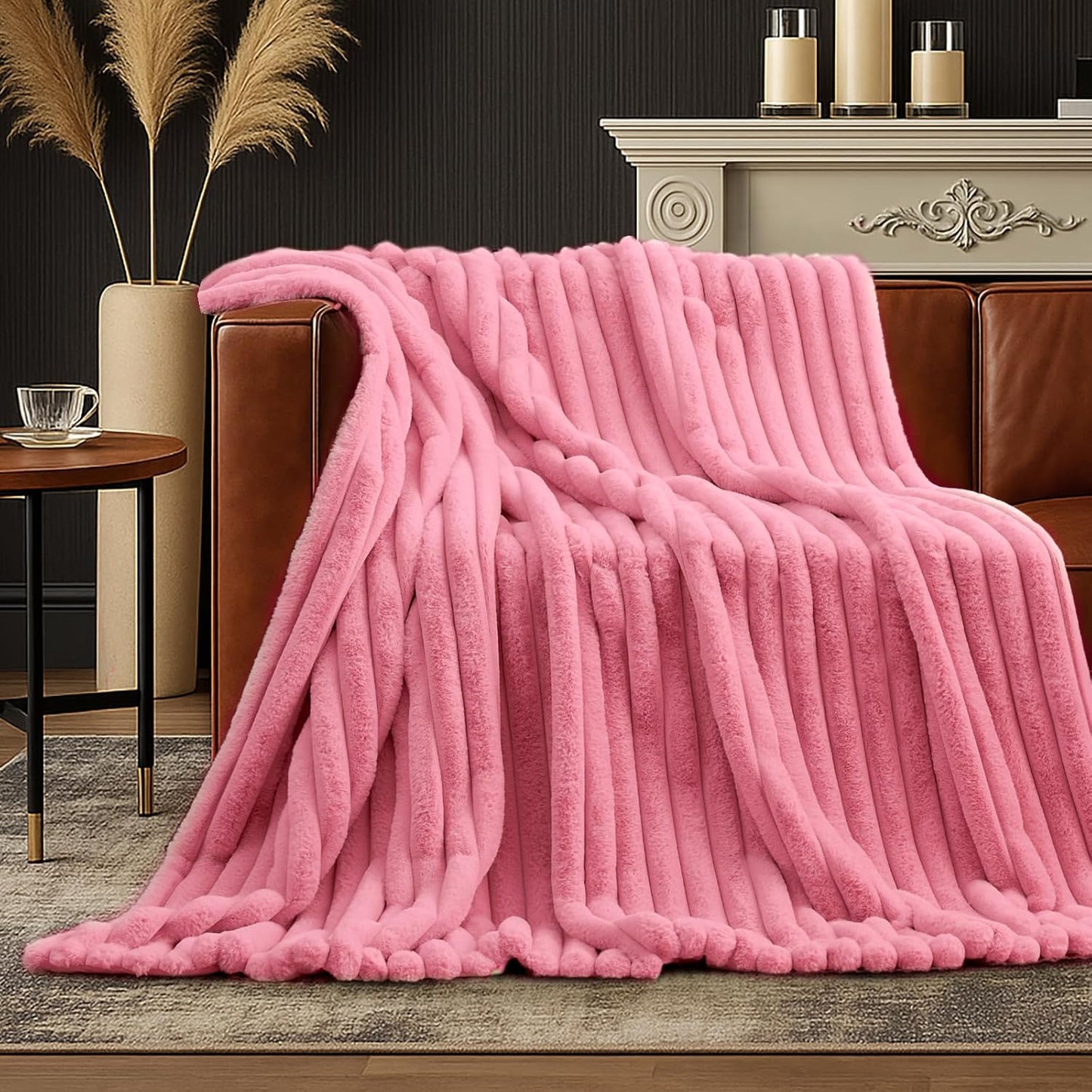 Amélie Home Faux Fur Throw Blanket for Couch, Cozy Fuzzy Fluffy Fur Luxurious Soft Striped Plush Gift Blankets for Family Sofa Chair Bed Living Room Bedroom, 55"x70", Pink