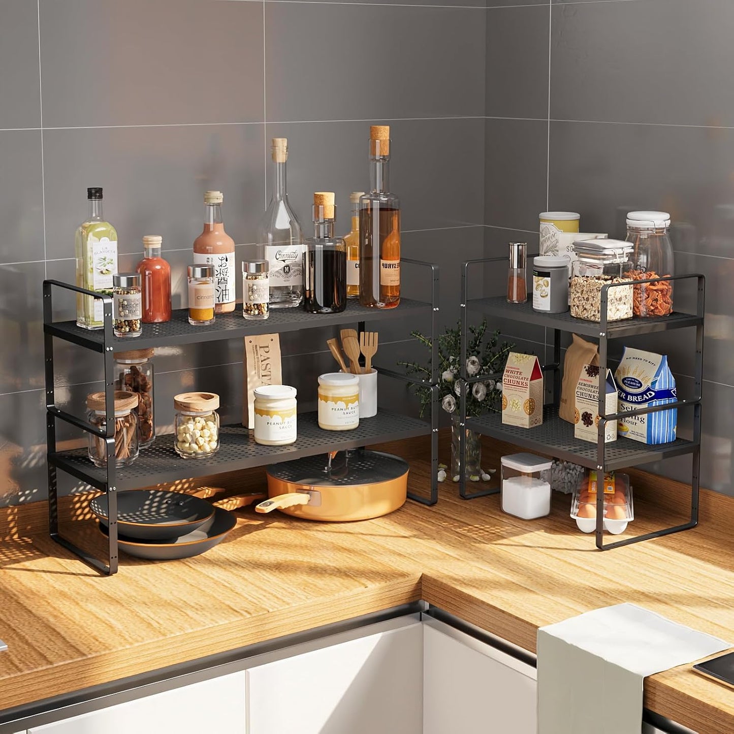 Hole Pattern Expandable Shelf Organizer,1Pack 10.2" Wide Easy to Assemble Cabinet Organizer Shelf, 16.5~27.1" Adjustable Height&Stackable Spice Organization for Cupboard, Black