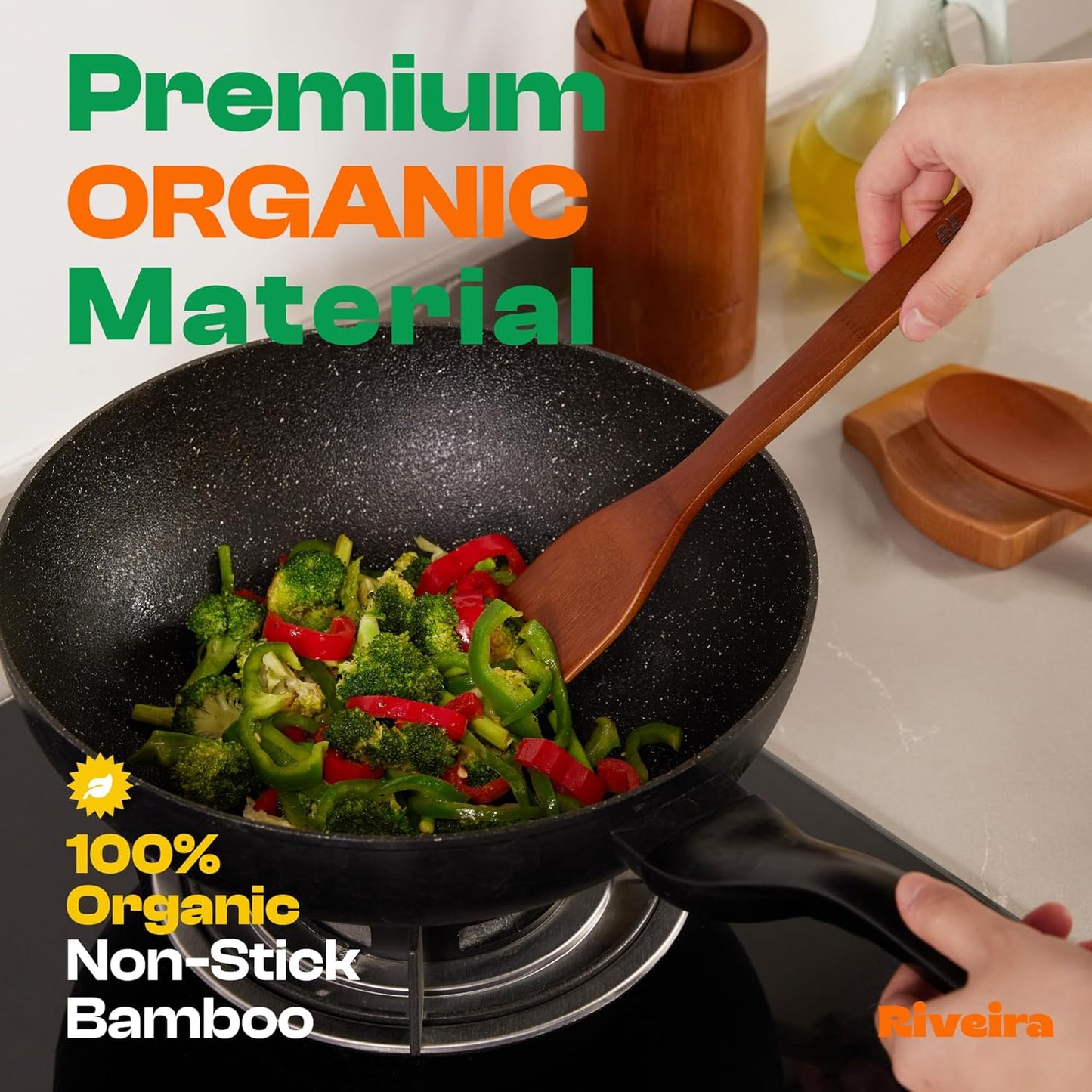 Riveira Premium Brown Bamboo Wooden Spoons for Cooking Set of 3 – Premium Brown Bamboo Wooden Cooking Utensils, Wooden Spatula, Wooden Spoon - Premium Quality Wooden Utensil Set for Non-Toxic Cooking