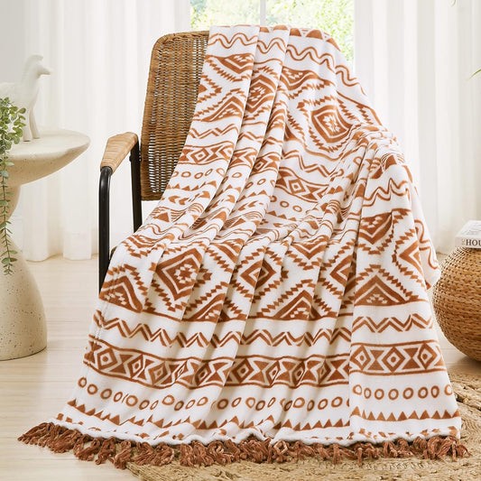 CASAAGUSTO Boho Throw Blanket - Terrcotta Decorative Blankets with Tassel, Printed Flannel Bohemian Blanket for Chair, Bed, Sofa, Couch(60 * 80, Terrcotta)