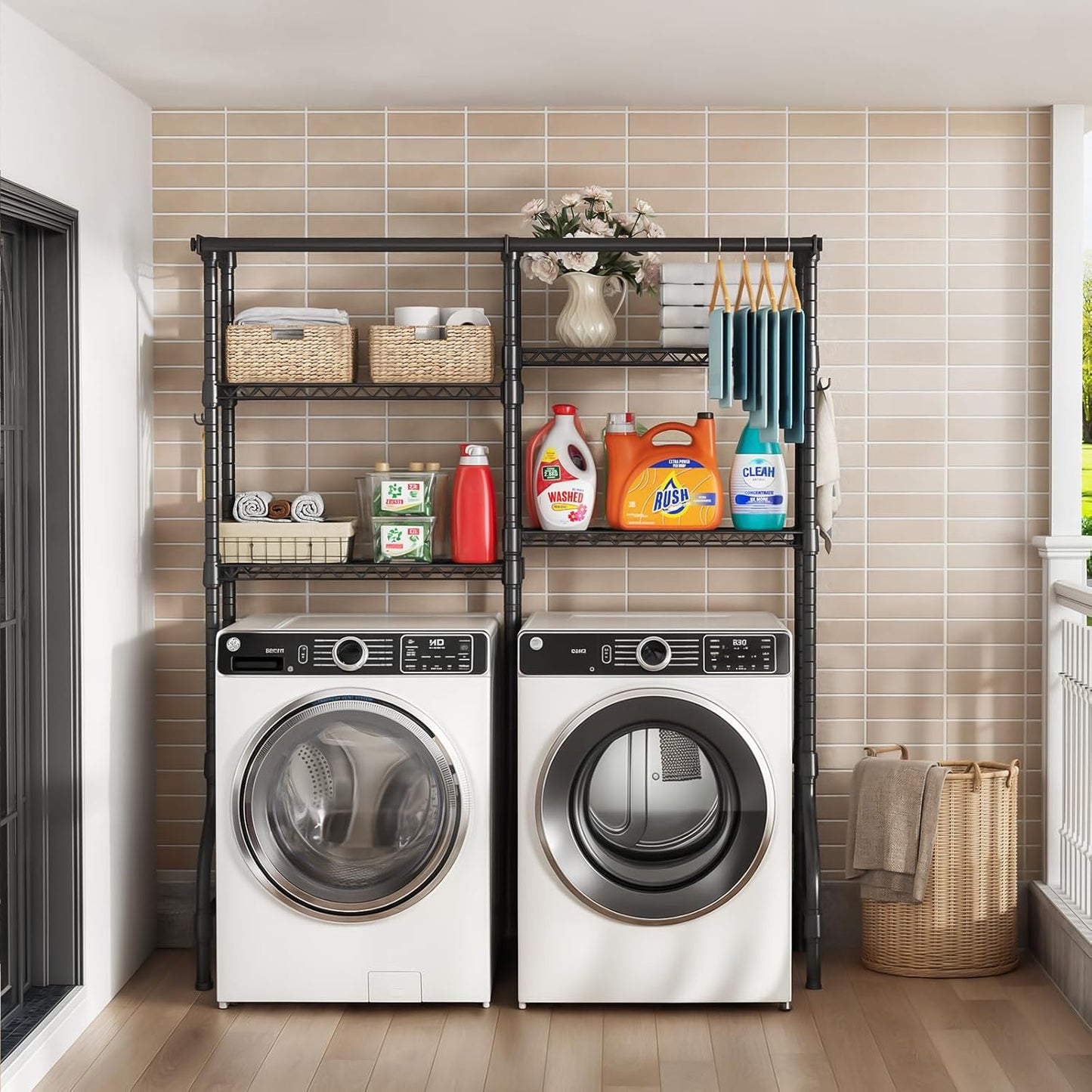 U14 Over Washer and Dryer Storage Shelves, 4 Tiers Laundry Room Storage and Organizer System, Space Saving Clothes Drying Rack with 2 Clothes Hanger Rods, 66.5" W x 20.5" D x 77.4" H, Black