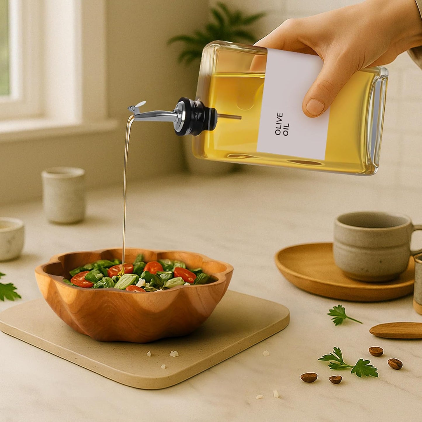 Olive Oil Dispenser Bottle - Includes 44 Kitchen Essential Labels - Cooking Oil Bottles for Kitchen, Coffee Syrup Dispenser - Pourer Spout with 11.8 fl oz Glass Container Cruet - 4pcs Silver