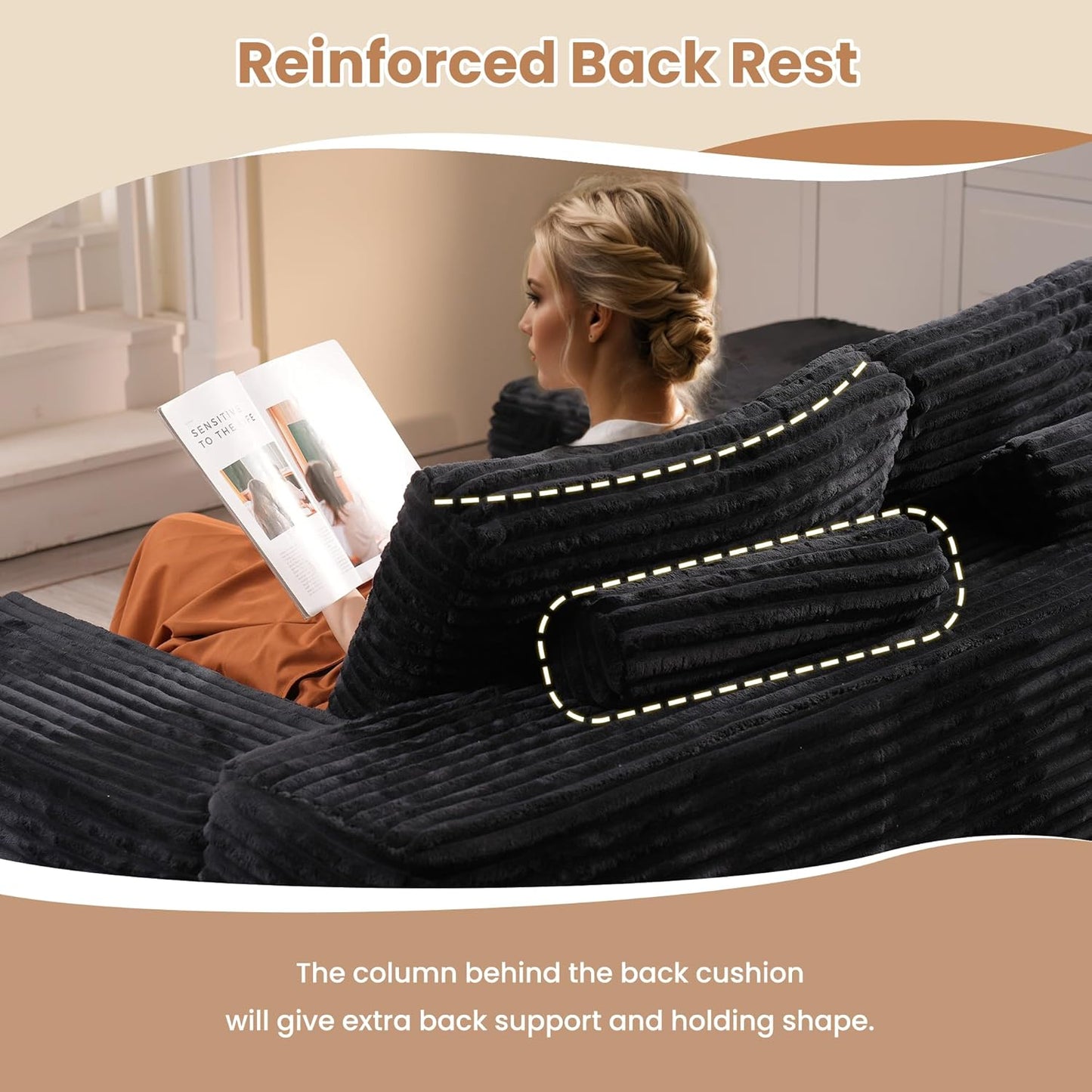 HOOOWOOO Cloud Sectional Couches for Living Room,Modular Sectional Sofa No Assembly,110X79 Inch Plush Corduroy Large U Shaped Floor Couch Set with Deep Seat Chaise(Black)