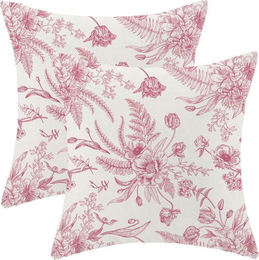 CXMEIFLY Hot Pink Spring Pillow Covers 18 x 18 Inch Set of 2 for Chinoiserie Flowers Decor Throw Pillows Floral Leaves Seasonal Plant Outdoor Decorative Cushion Cases for Couch Bed Decorations