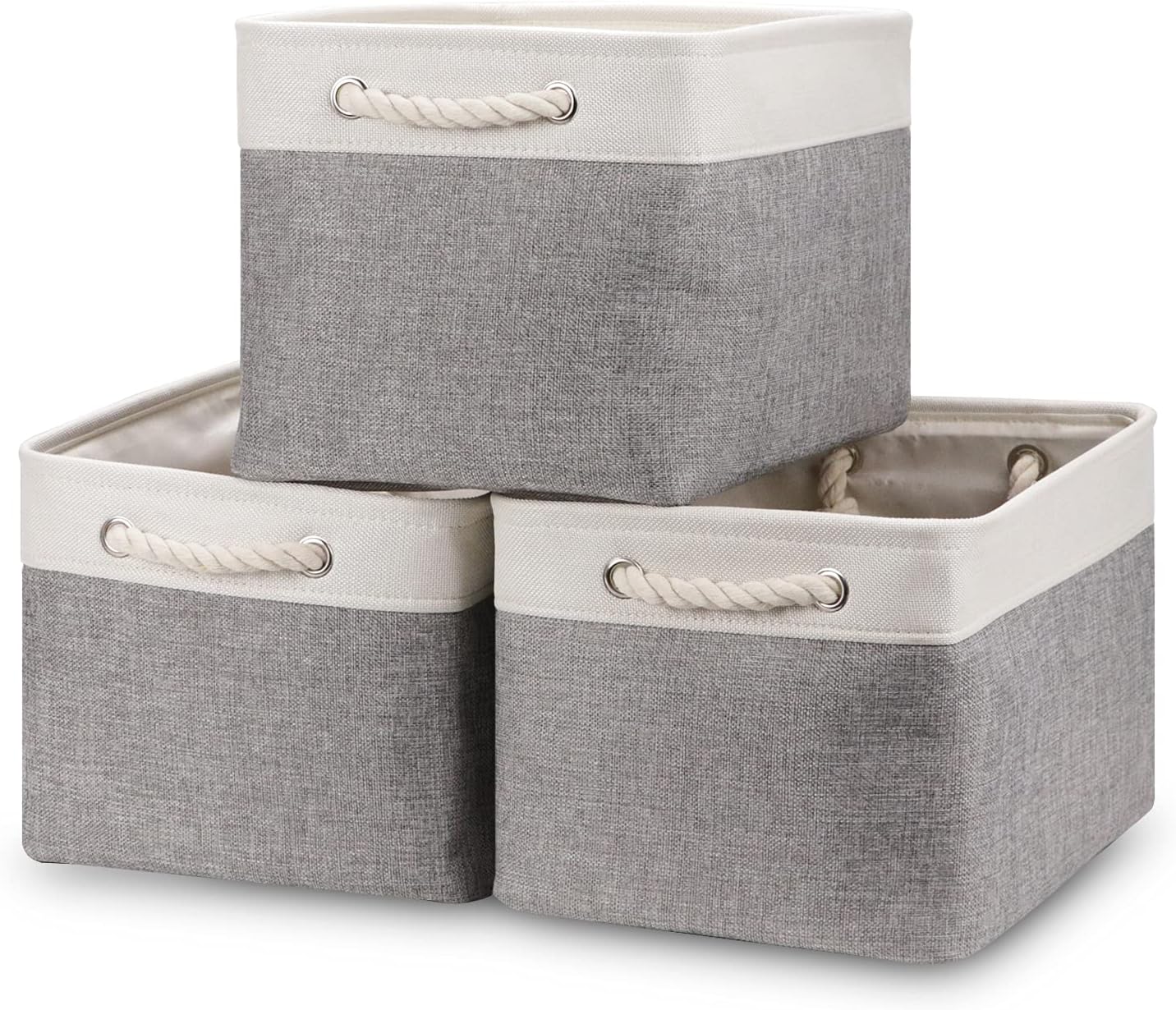 Bidtakay Baskets Set of 3 Storage Baskets for Organizing Large Fabric Storage Bins for Shelves Decorative Canvas Bins Collapsible Empty Baskets for Closet,Nursery,Clothes,Toys,Shoes(White&Grey)