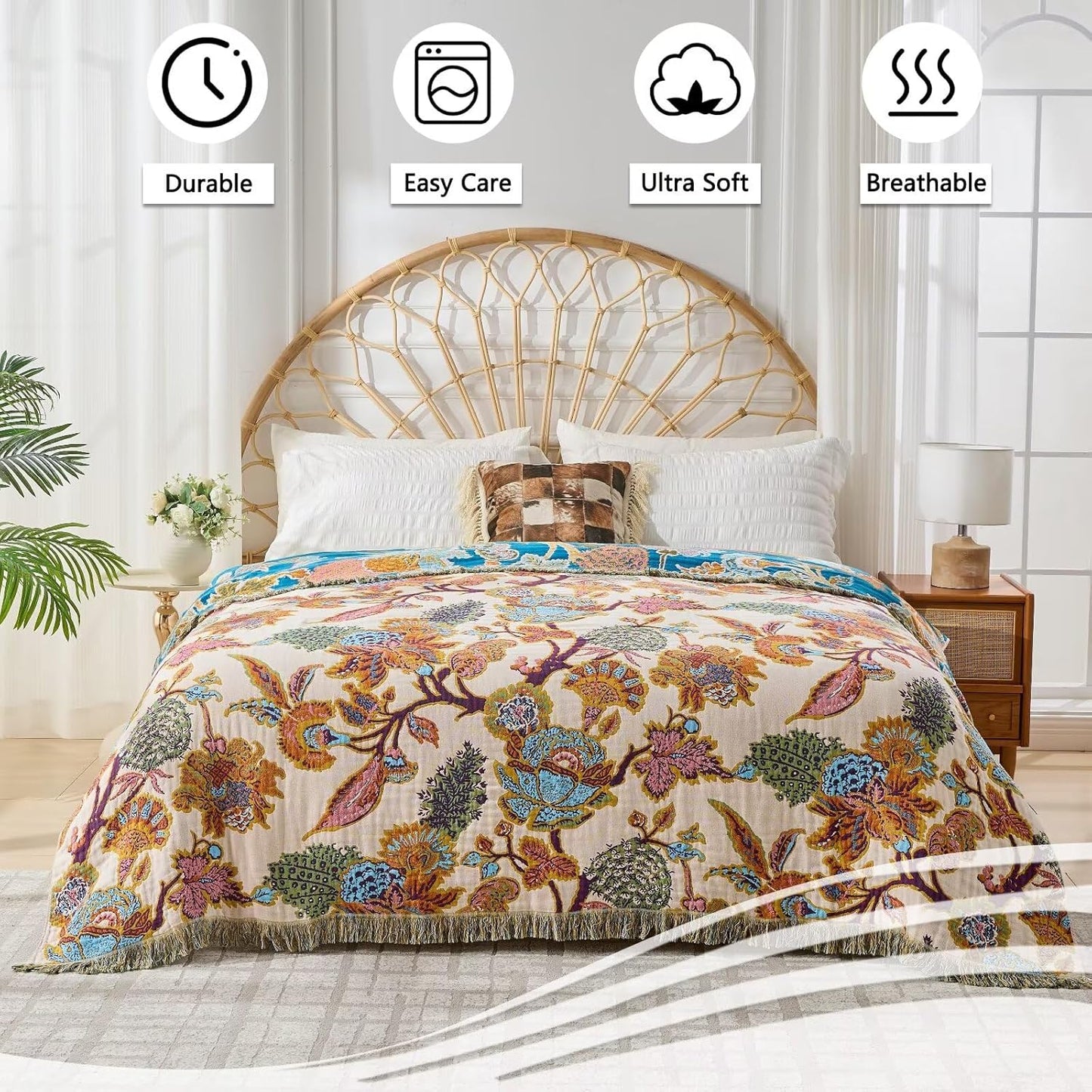 100% Muslin Throw Blanket for Couch, Butterfly and Floral Double Embroidery Fall Throw Blanket 60"x80" for Sofa, Chair, Woven Cotton Reversible Mexican Blanket