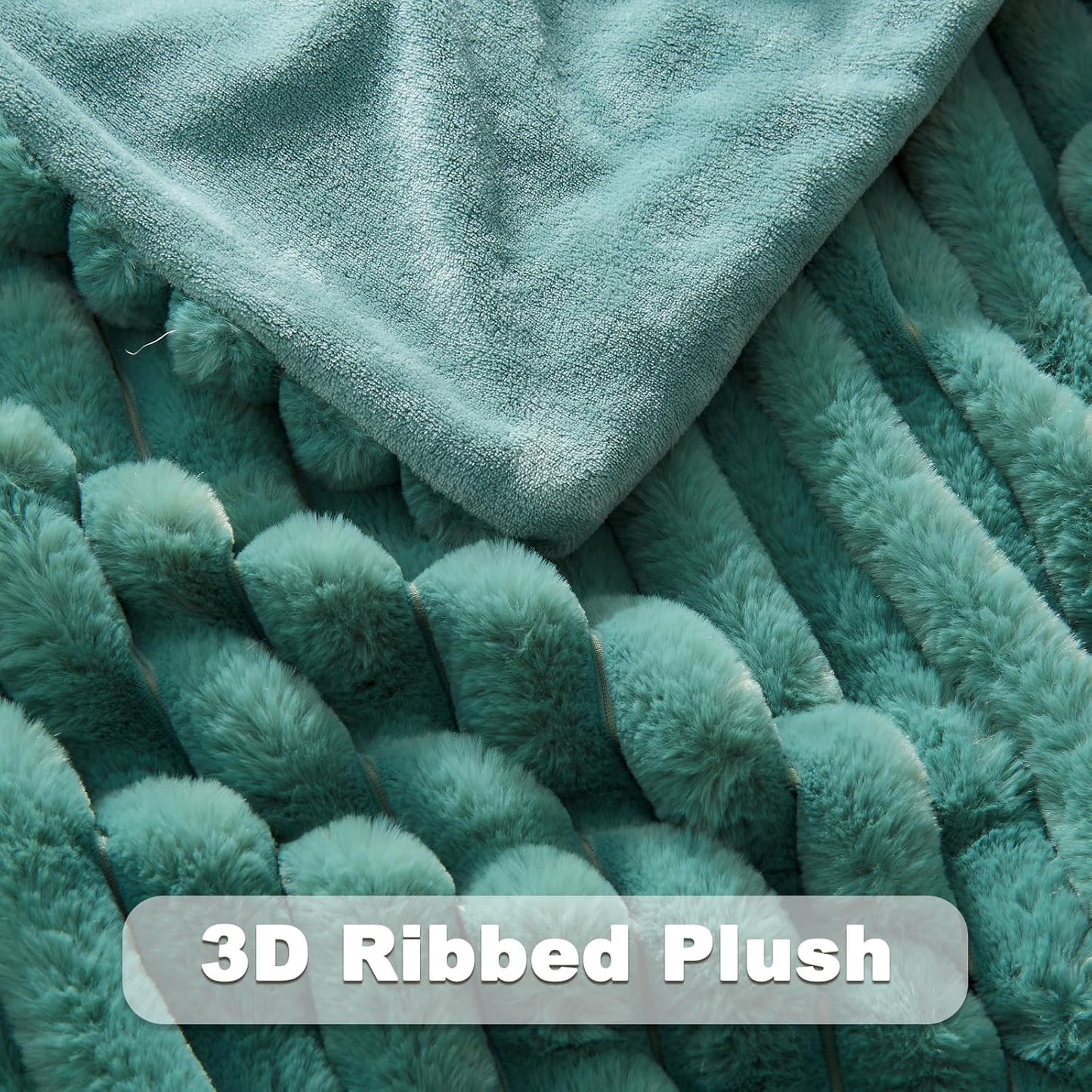 NEWCOSPLAY Faux Fur Throw Blanket Light Teal 3D Ribbed Plush Thick Warm Blanket for Couch Sofa Bed 850GSM (Light Teal Ribbed, Throw(50"x60"))