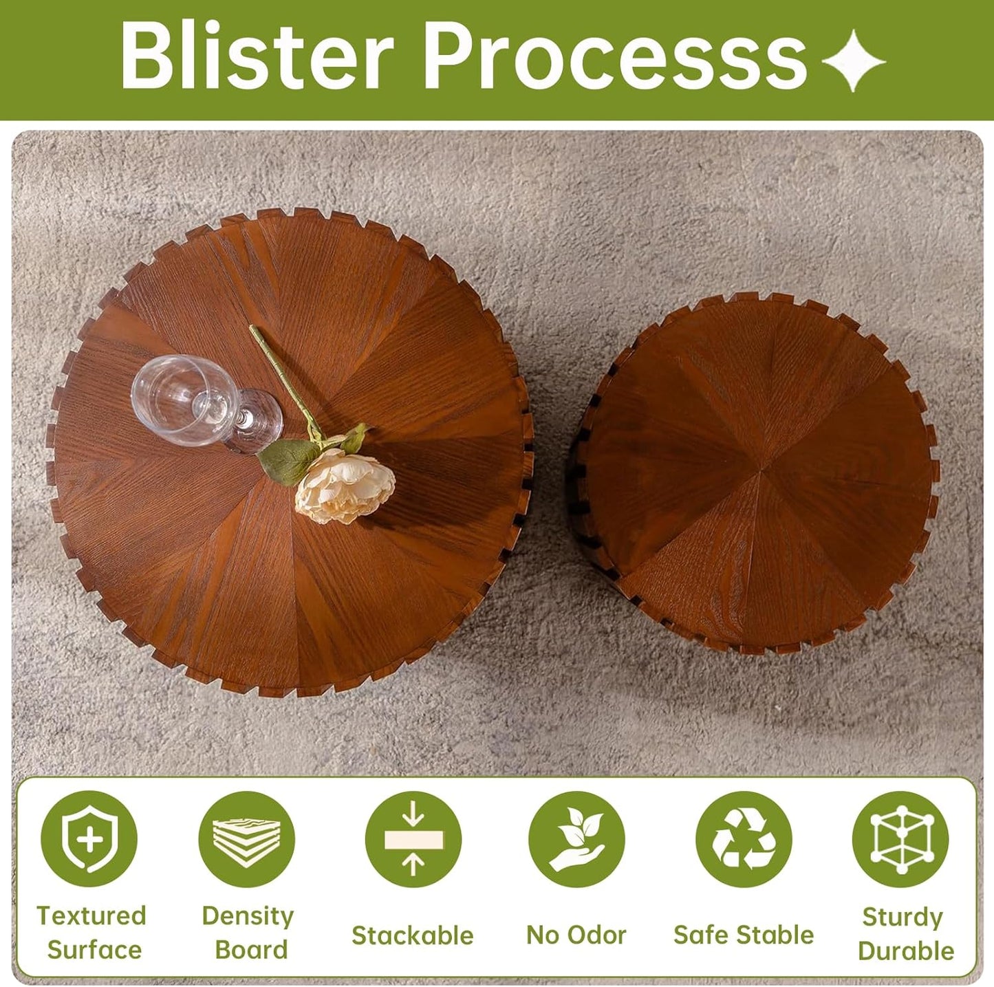 Round Nesting Coffee Table, Drum Wood Coffee Table Set of 2 Brown, Modern Fluted Nesting Tables Circle Center Table 2 Piece for Small Spaces Living Room Bedroom Balcony Office, No Assembling