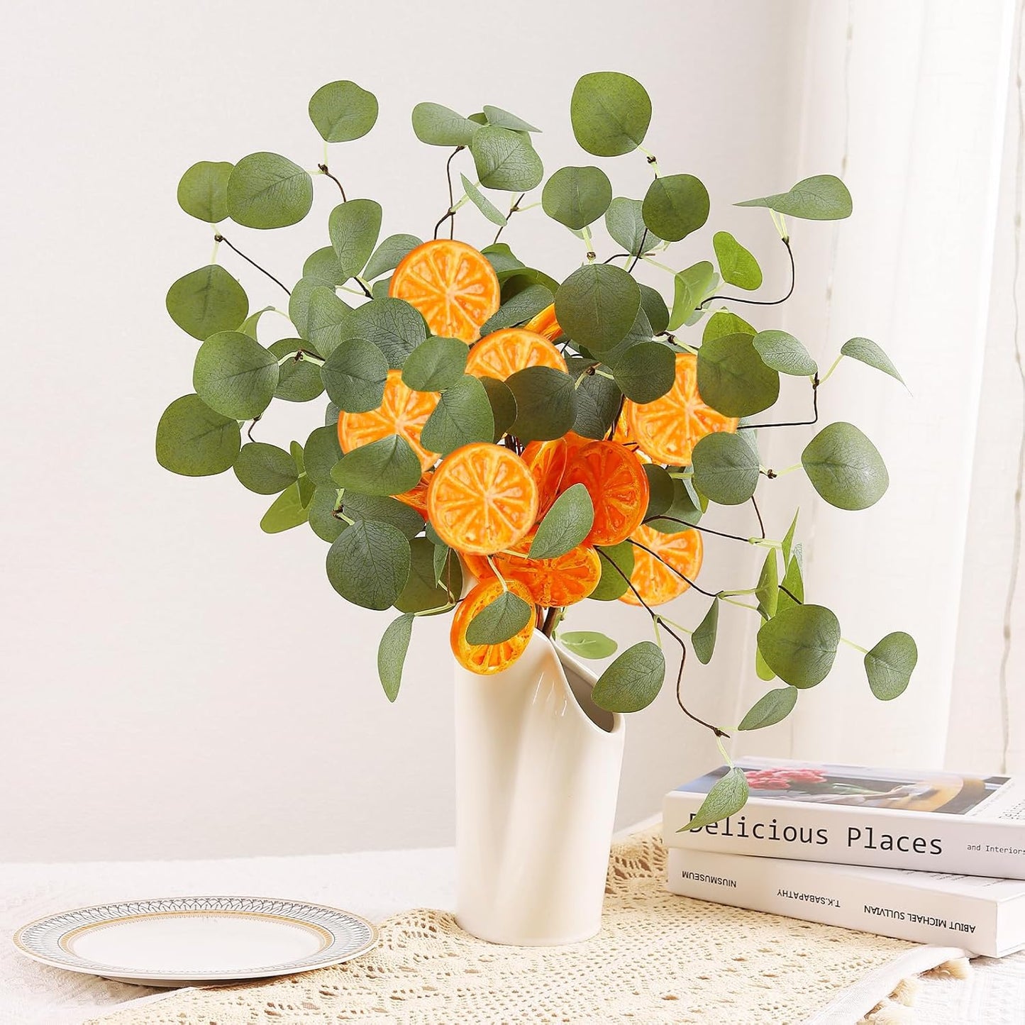 Eucalyptus Stems, 4PCS Artificial Lemon Stems Faux Citrus Branches Plastic Decor for Kitchen, Table Centerpieces, Entryway, Thanksgiving Wedding Party (Green)