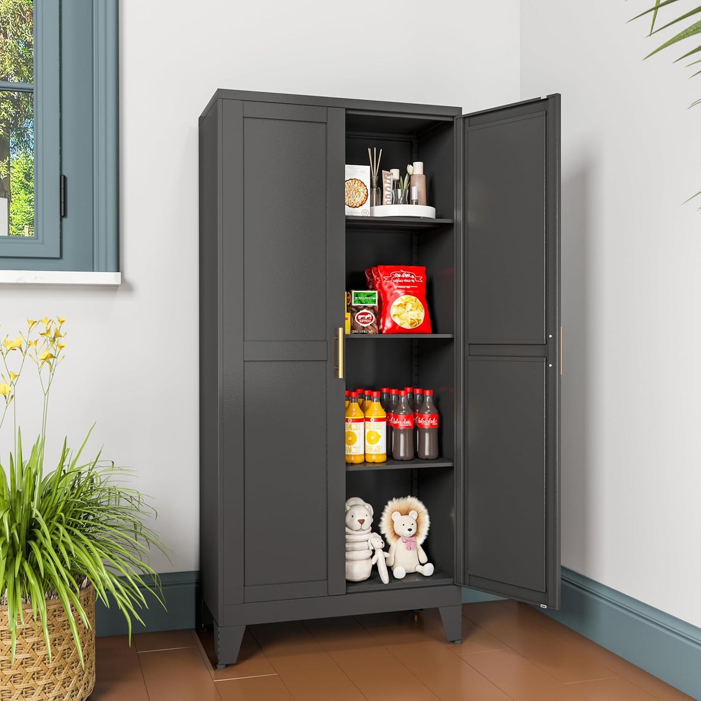 Metal Pantry Cabinet with 2 Doors and Adjustable Shelves, Kitchen Storage cabinets with Gold Handles, Versatile Storage for Laundry Room,Living Room,Bathroom,Dinning Room-Black