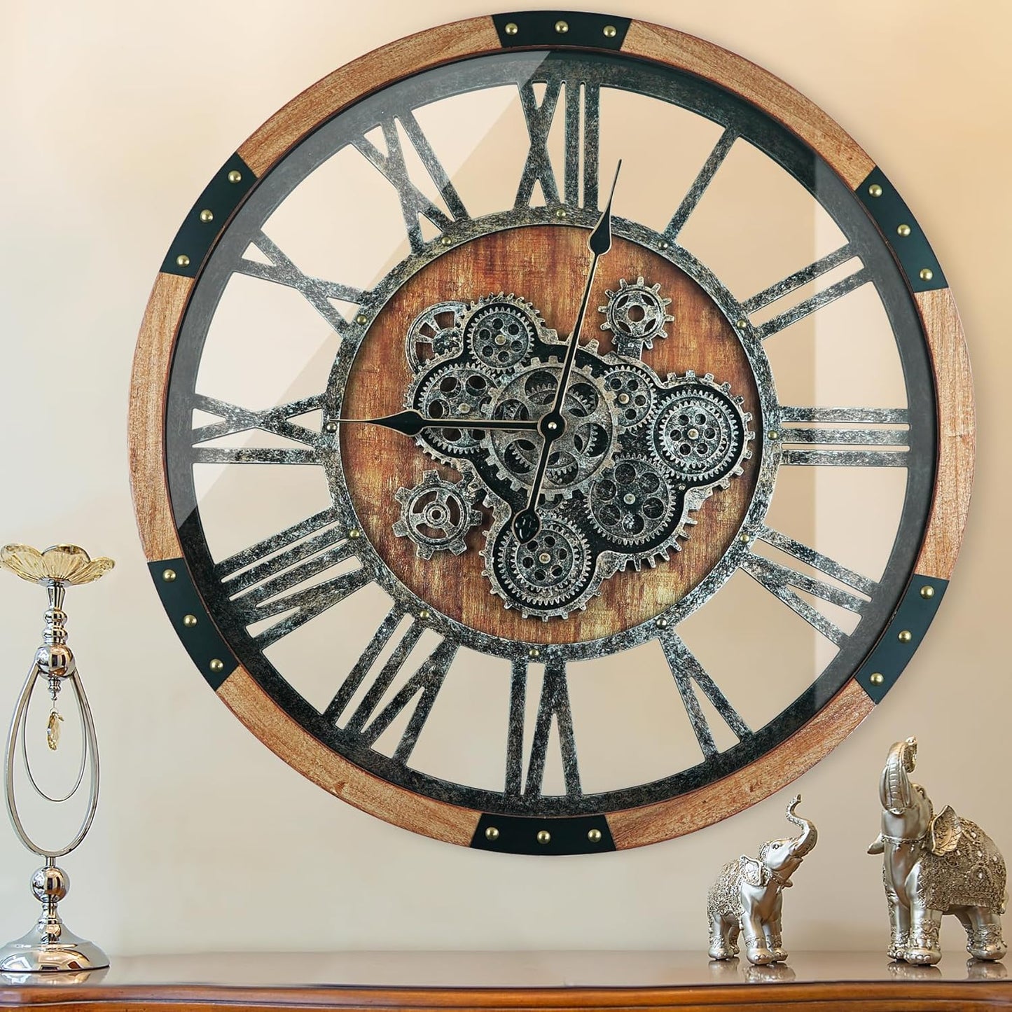 40 Inch Oversized Moving Gear Wall Clock, Large Wall Clock Living Room Decor, Solid Wood Frame, Battery Operated, Steampunk Industrial for Fireplace (Brown)