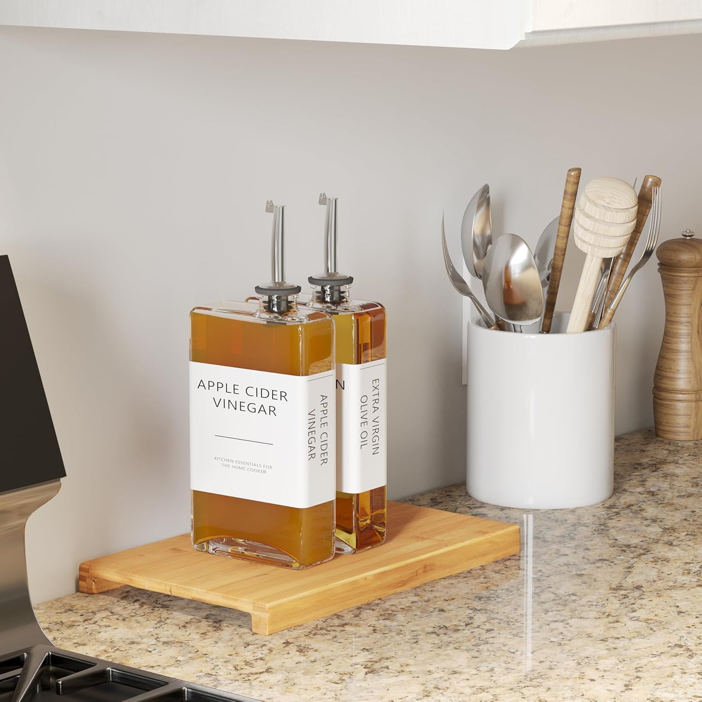 New England Stories Kitchen Cooking Oil Dispenser Set, Olive Oil and Vinegar Bottles, Soy Sauce Dispenser - 4 Pieces, Silver, Durable & Stylish Design