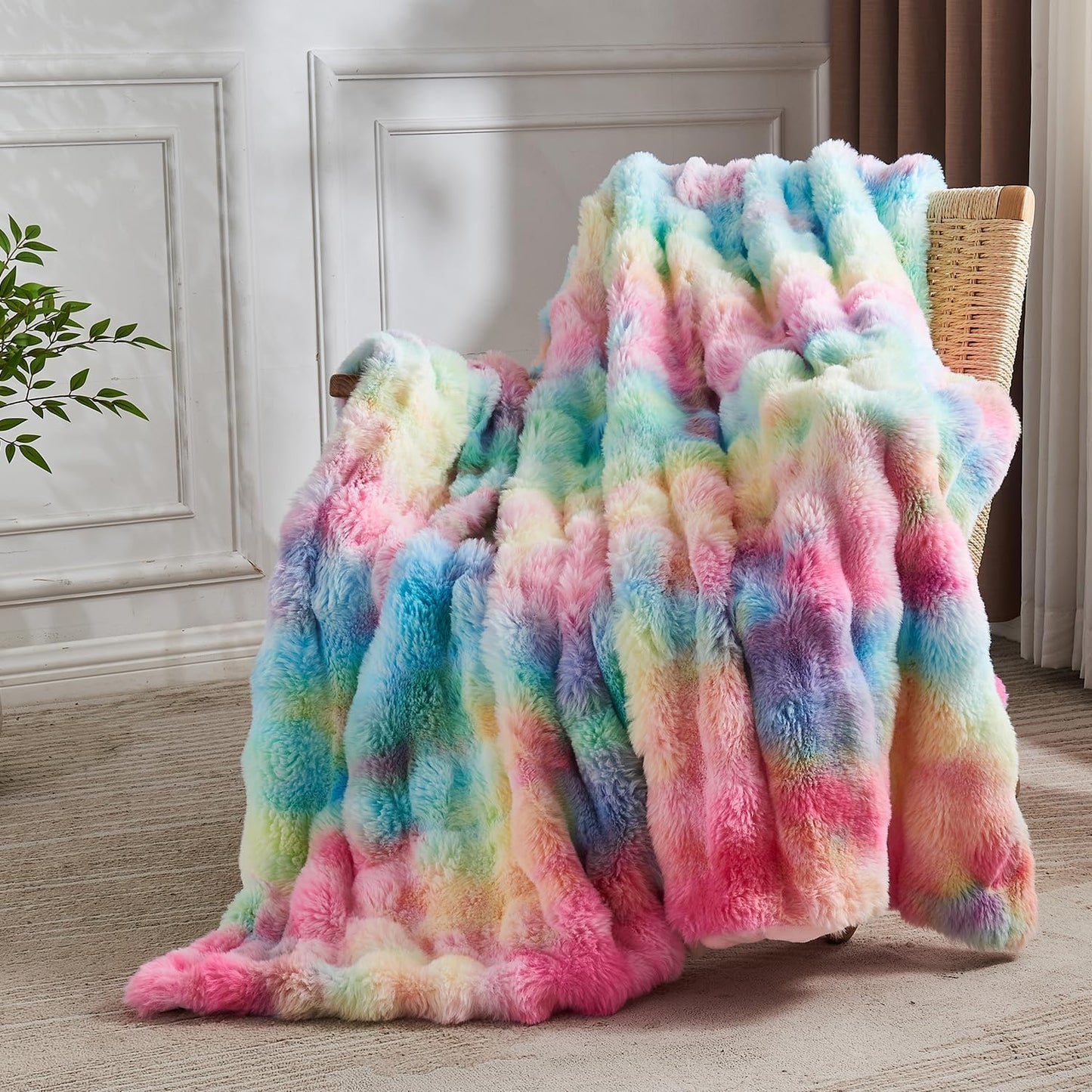 Lotus Karen Queen Size Faux Fur Blanket Rainbow - Big Bubble Rabbit Fluff Blanket for Bed, Large Fluffy Fuzzy Cozy Blanket, Thick Furry Plush Shaggy Blankets, 90x90 Inches