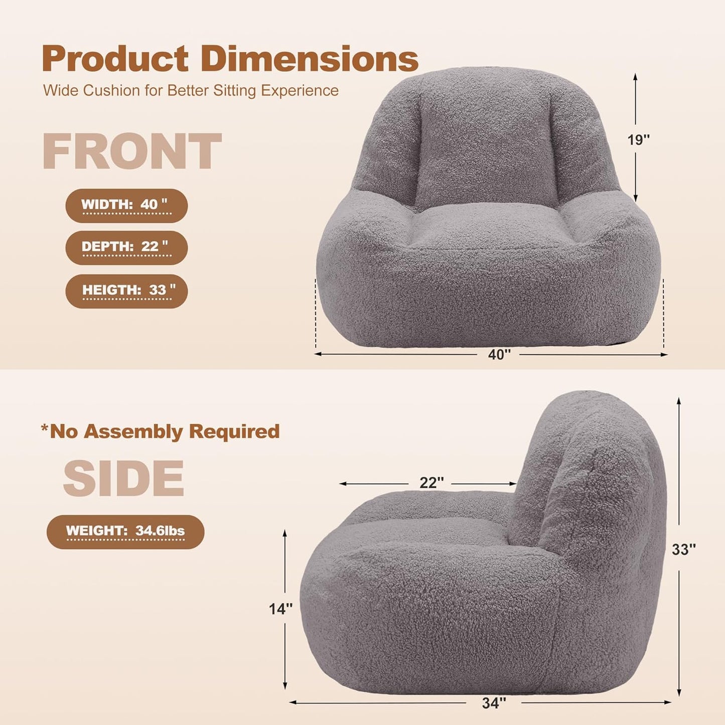 Homguava Bean Bag Chairs for Adults,Giant Beanbag Couch Adult Bean Bag Chair with Filler Included,Modern Lazy Sofa Comfy Chair for Living Room(Grey)