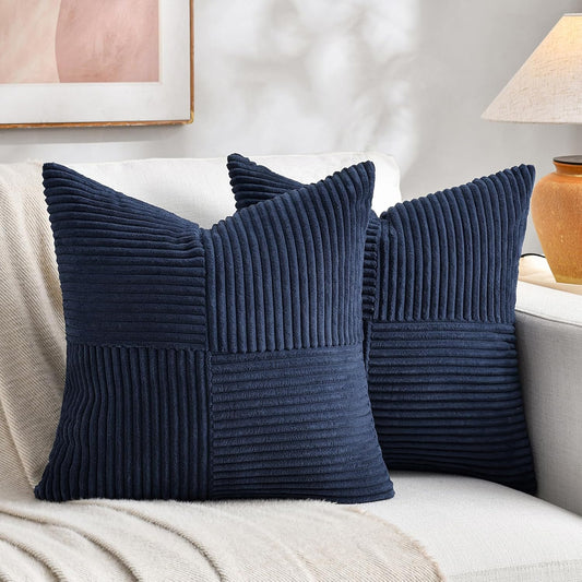 Fancy Homi 2 Packs Navy Blue Samll Decorative Throw Pillow Covers 14x14 Inch with for Couch Bed Sofa, Rustic Farmhouse Boho Home Decor, Soft Corss Patchwork Corduroy Square Cushion Case 35x35 cm