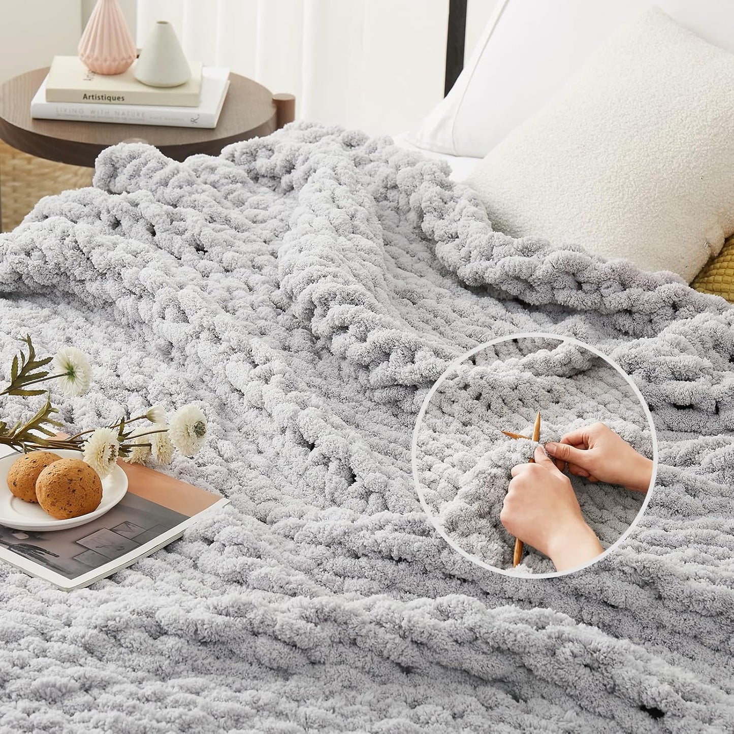 L'AGRATY Chunky Knit Blanket Throw - Soft Chunky Throw Blanket 50''x60'': 100% Hand Kintted Chenile Crochet Throw Blanket for Couch - Large Cable Knit Chunky Blanket for Home Decor(Grey)