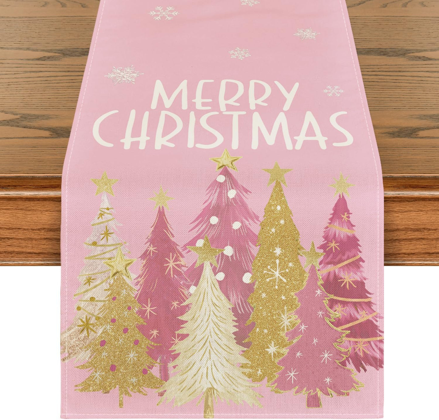 Artoid Mode Xmas Trees Snowflakes Pink Merry Christmas Table Runner, Winter Seasonal Kitchen Dining Table Decoration for Home Party Decor 13x90 Inch