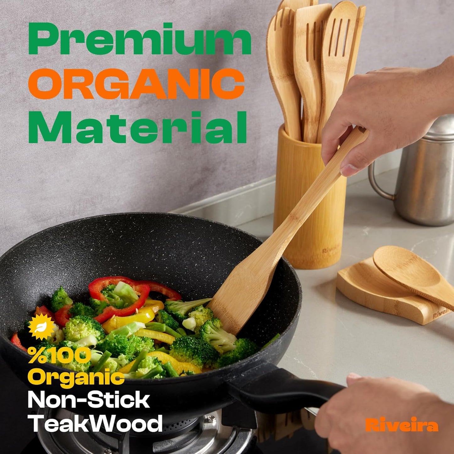 Riveira Bamboo Wooden Spoons for Cooking 9-Piece with Holder, Apartment Essentials Wood Spatula Spoon Nonstick Kitchen Utensil Set Premium Quality Housewarming Gifts for Everyday Use