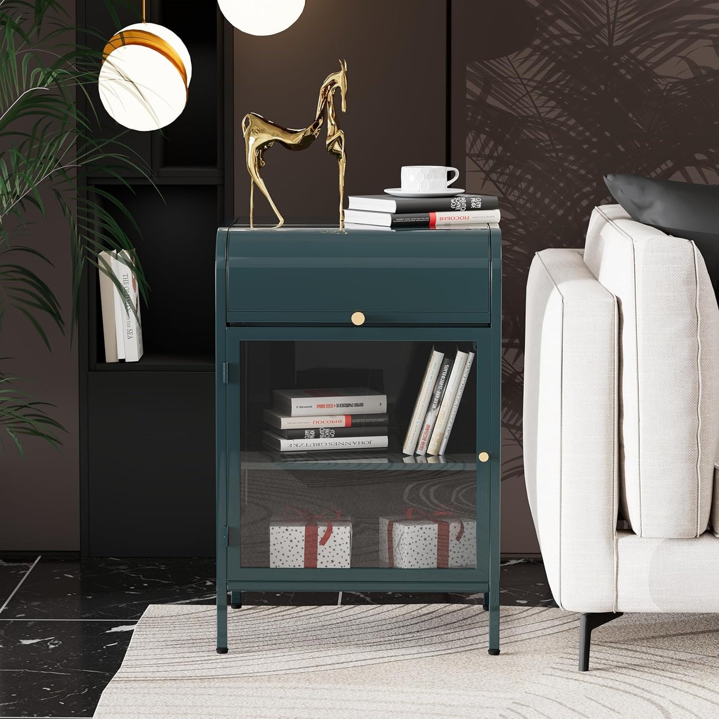 Modern Metal Side Tables, End Tables with Glass Door, 2-Tier Nightstands with Storage Shelves, Accent Table, Slim Sofa Table for Living Room, Bedroom (1, Green)