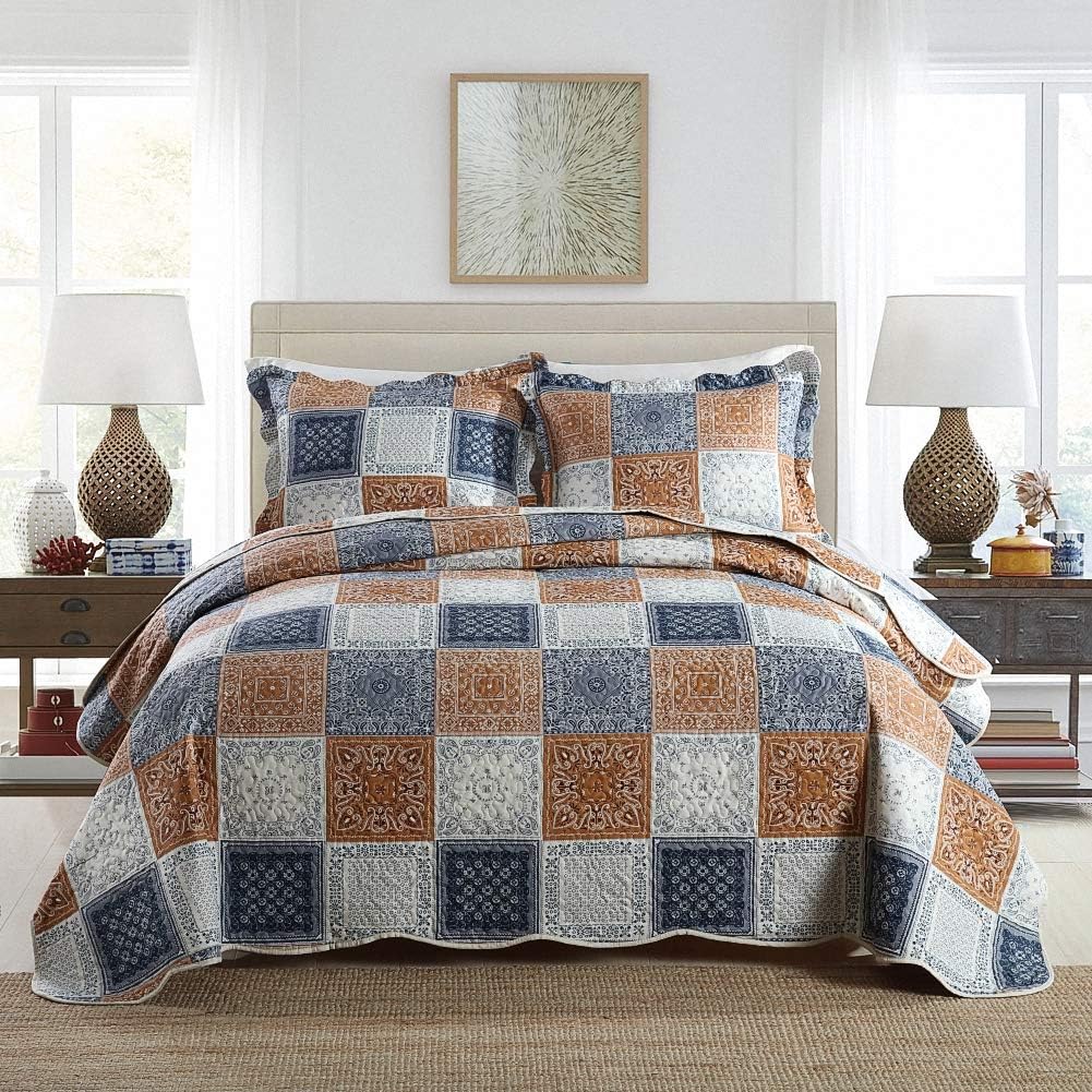 NEWLAKE Quilt Bedspread Sets-Color Block Pattern Reversible Coverlet Set,Queen Size