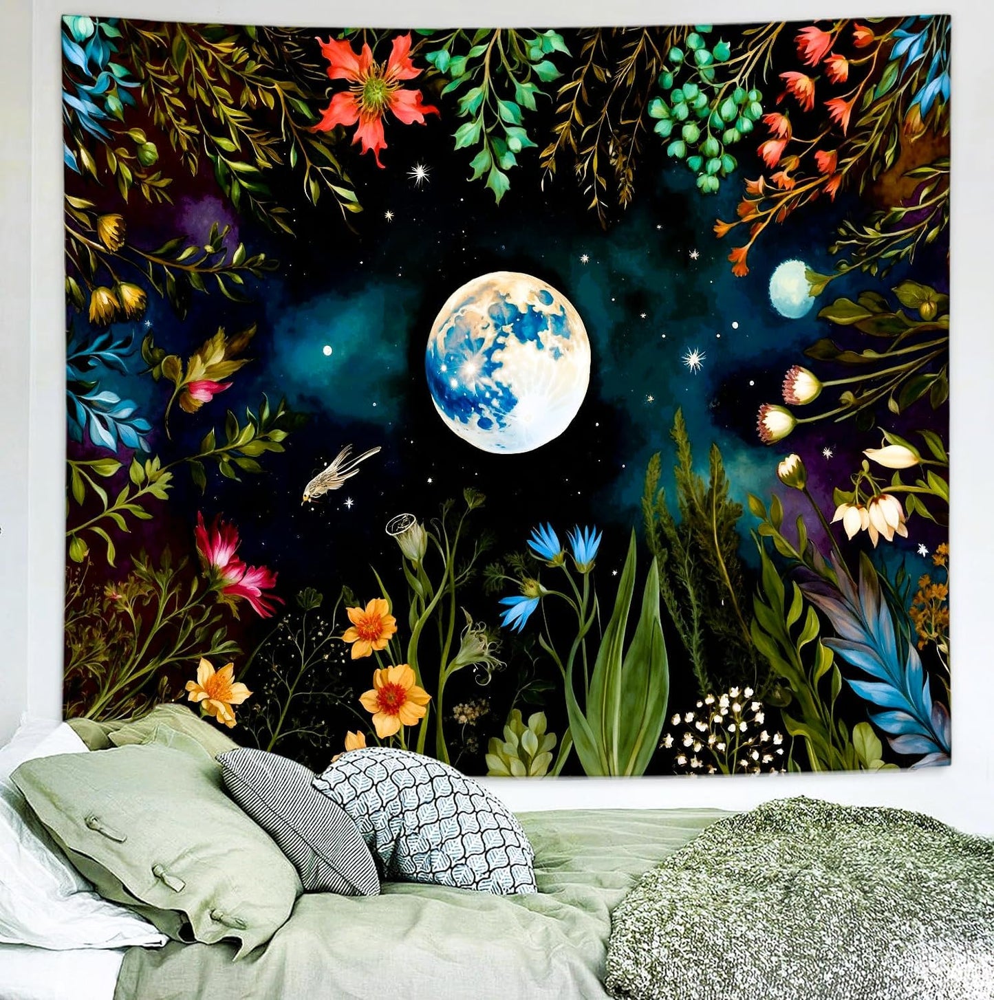 Delur Moonlit Garden Tapestry Boho Moon Floral Plant Tapestry Wall Hanging Colorful Flower Botanical Nature Night Landscape Headboard for Bedroom Living Room Home Decor (59.1" x 78.7")