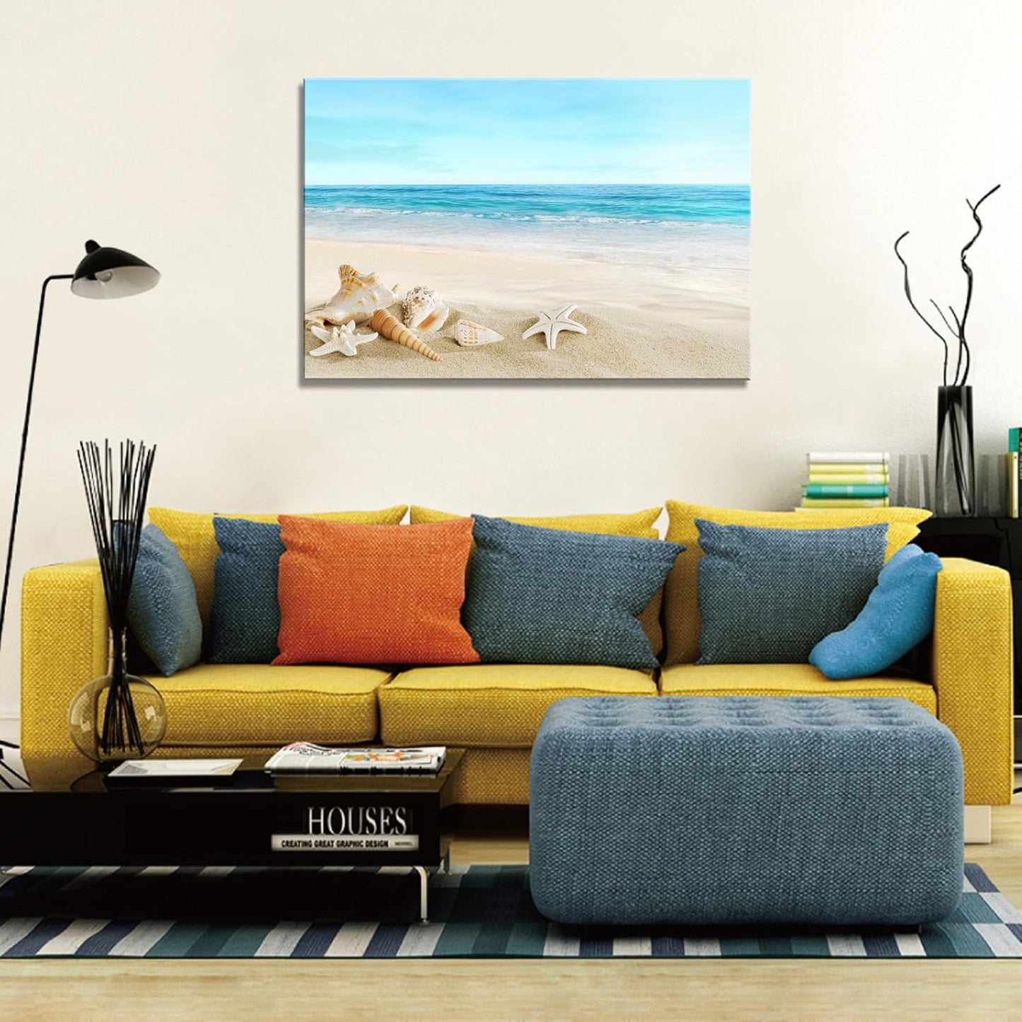 DZL Art S73981 Beach Picture Decor Ocean Painting Canvas Wall Art Prints of Starfish and Seashell on Sandy Seaside Ready to Hang for Living Room Bedroom Office Wall Decor Home Decoration