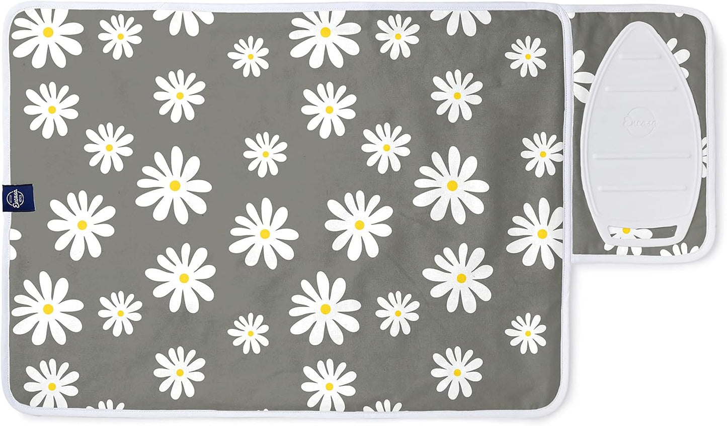 Encasa Homes Ironing Mat/Pad (Small 28"x20") with 3mm Padding & Silicone Iron Rest for Steam Pressing on Tabletop or Bed - Heat Resistant, Portable, Quilting & Travel Blanket - Daisy Grey