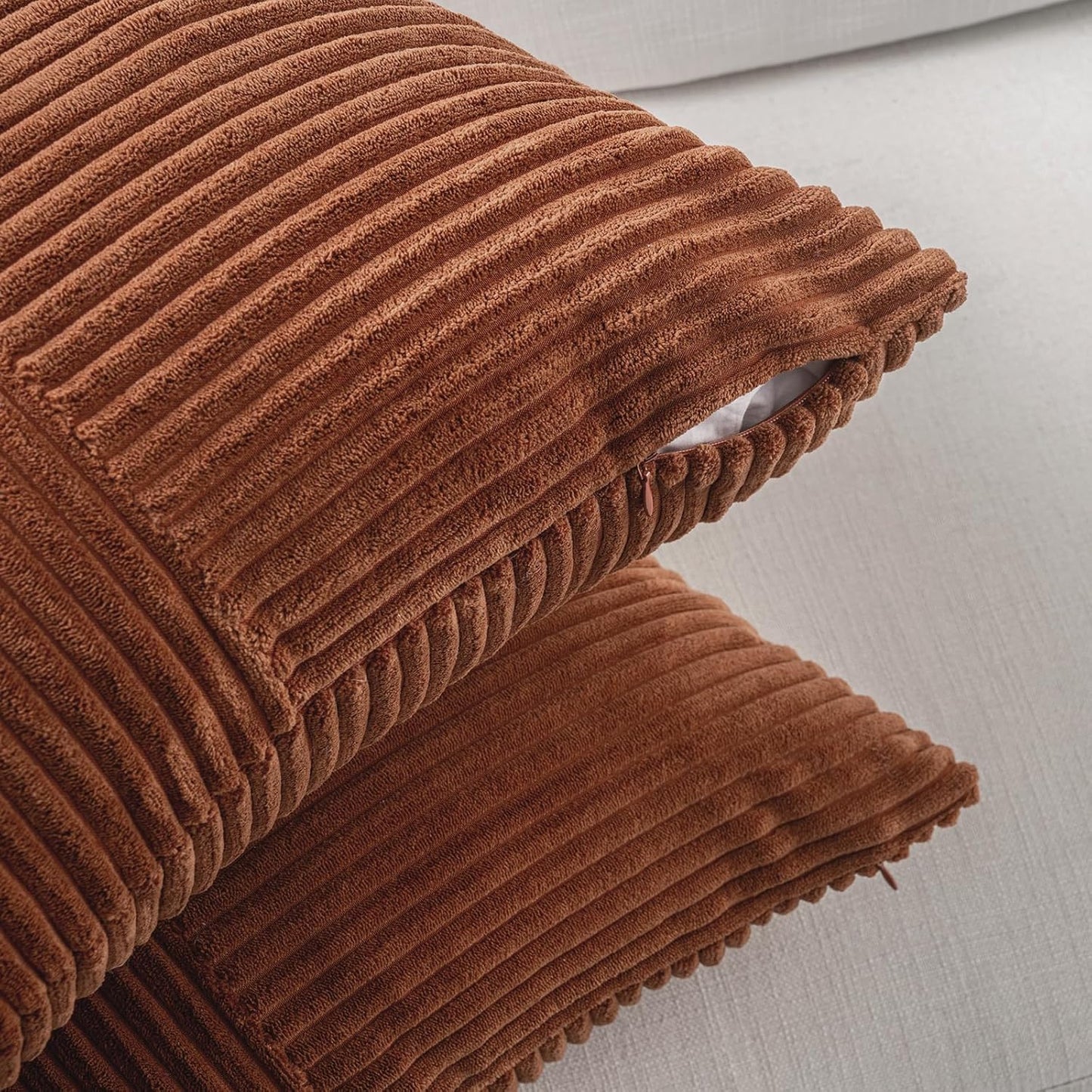 Fancy Homi 2 Packs Rust Lumbar Decorative Throw Pillow Covers 12x20 Inch for Couch Bed Sofa, Rustic Farmhouse Boho Home Decor, Soft Striped Corduroy Rectangle Accent Terracotta Cushion Case 30x50 cm