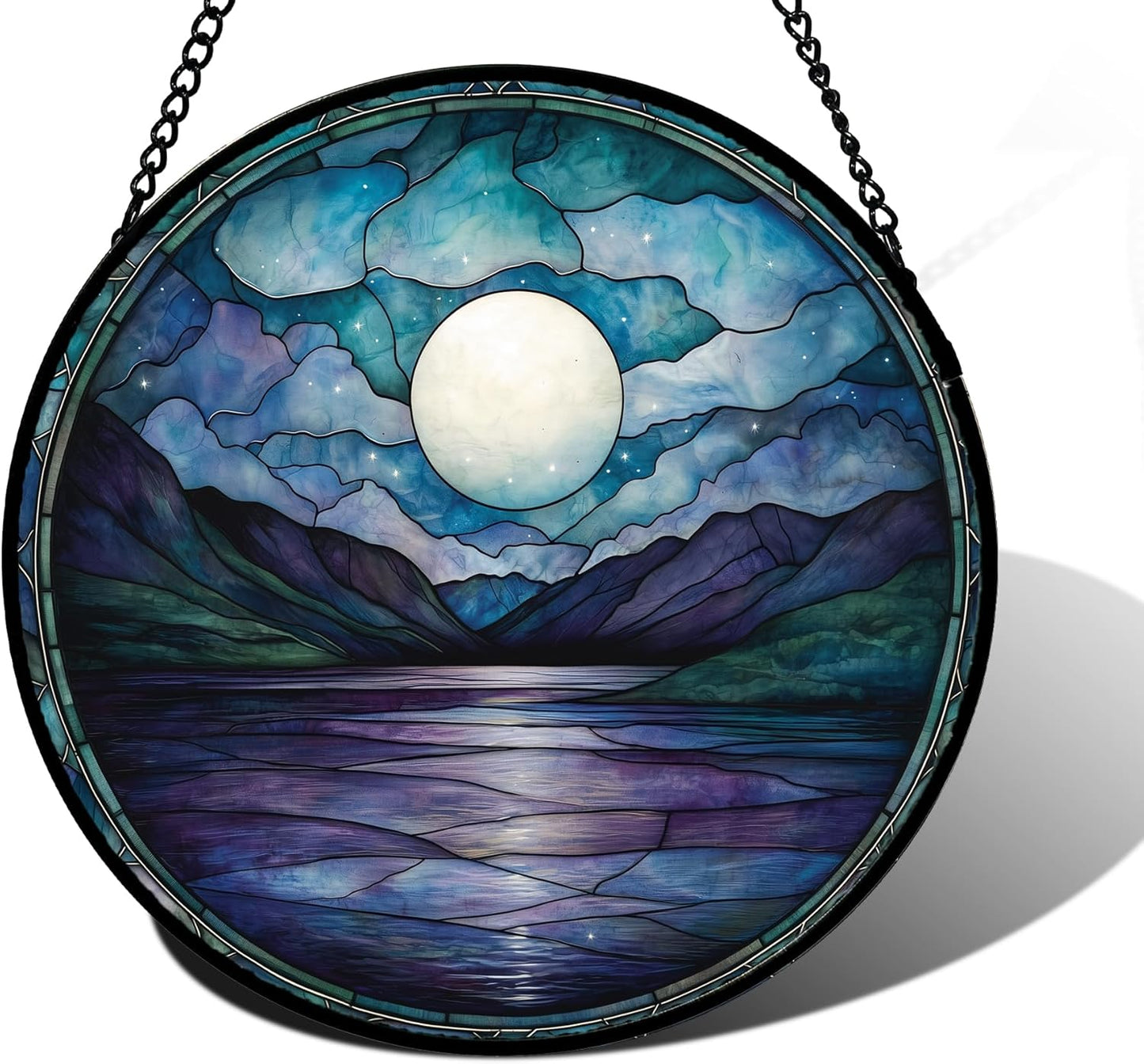 Stained Glass Window Hanging, Blue Night Moon Lake Sun Catchers Colorful Glass Panel Landscape Suncatcher Decor for Birthday for Women, Men, Wife, Aunt, and Mom 11.8x11.8 in