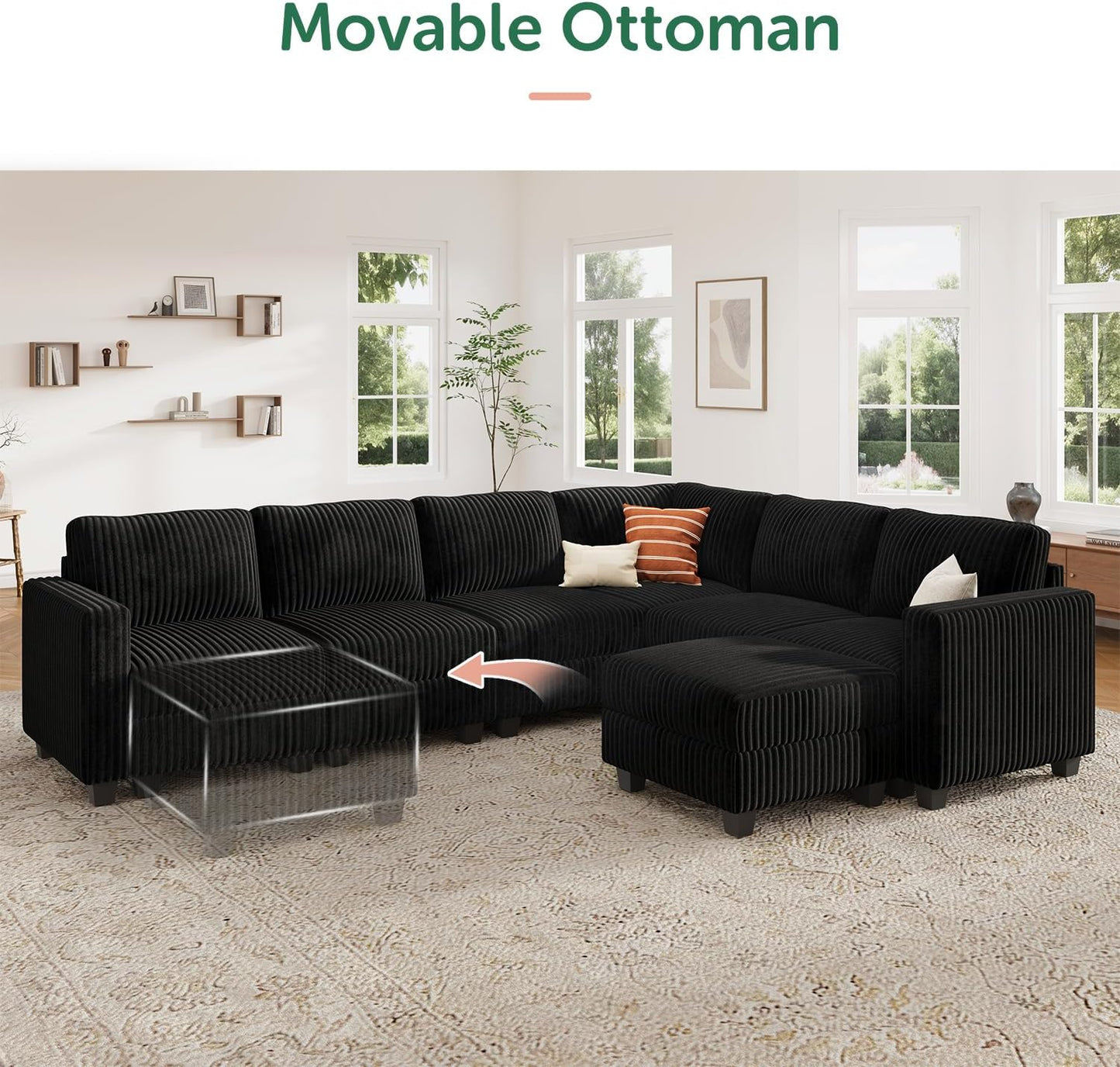 HONBAY Corduroy Sectional Couch with Storage U Shaped Sectional Sofa Modular Sectional Couches for Living Room, Black